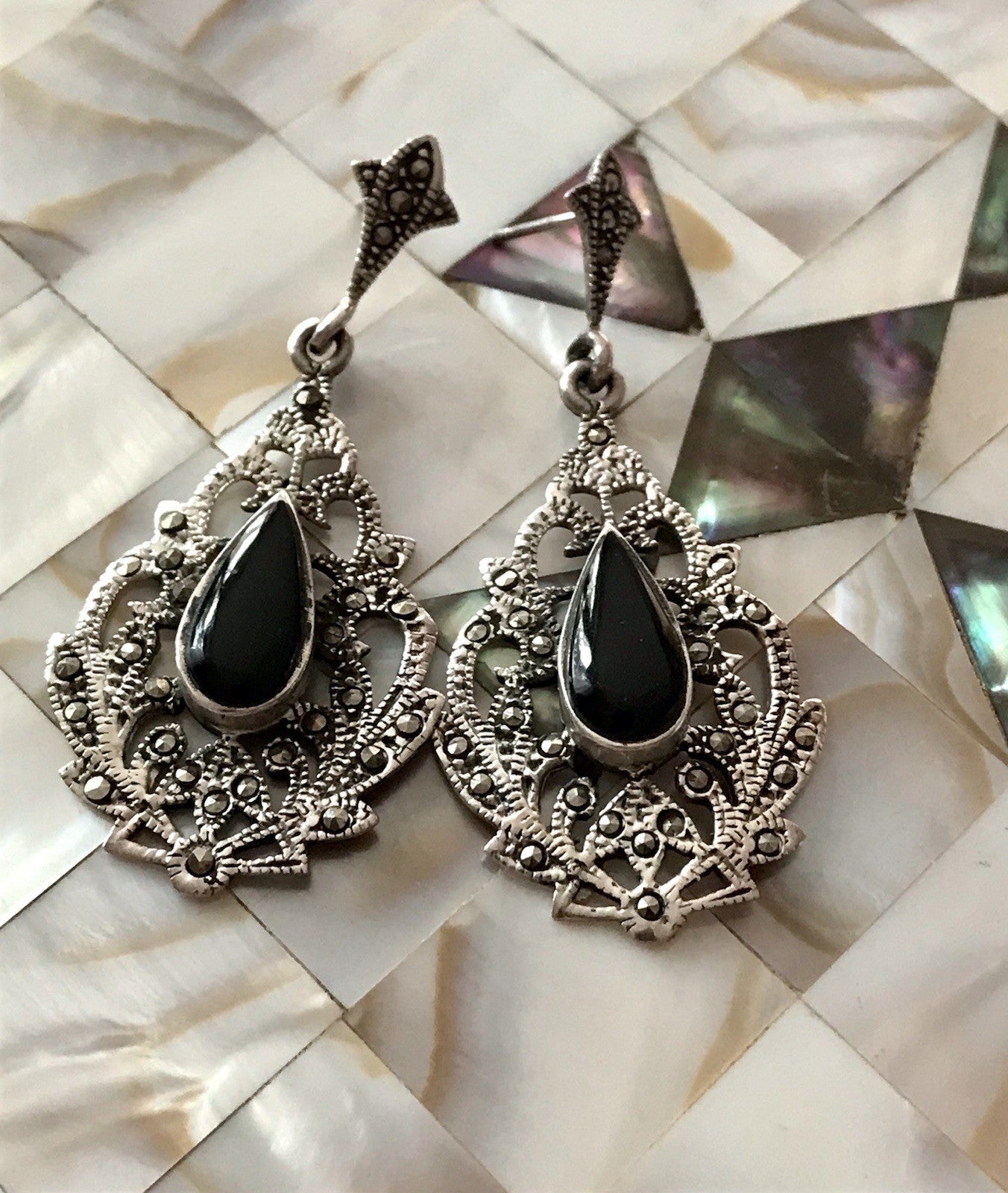 Antik Art Déco Wundervoll Ohrhänger Ohrringe DAMEN Silber 925 Onyx Markasite