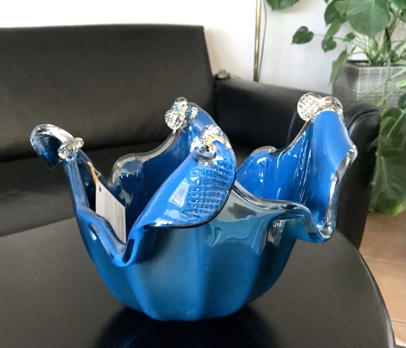 Vintage Murano Schale Vase Glas Petrol Blau metallic irisierend Edel Aufkleber