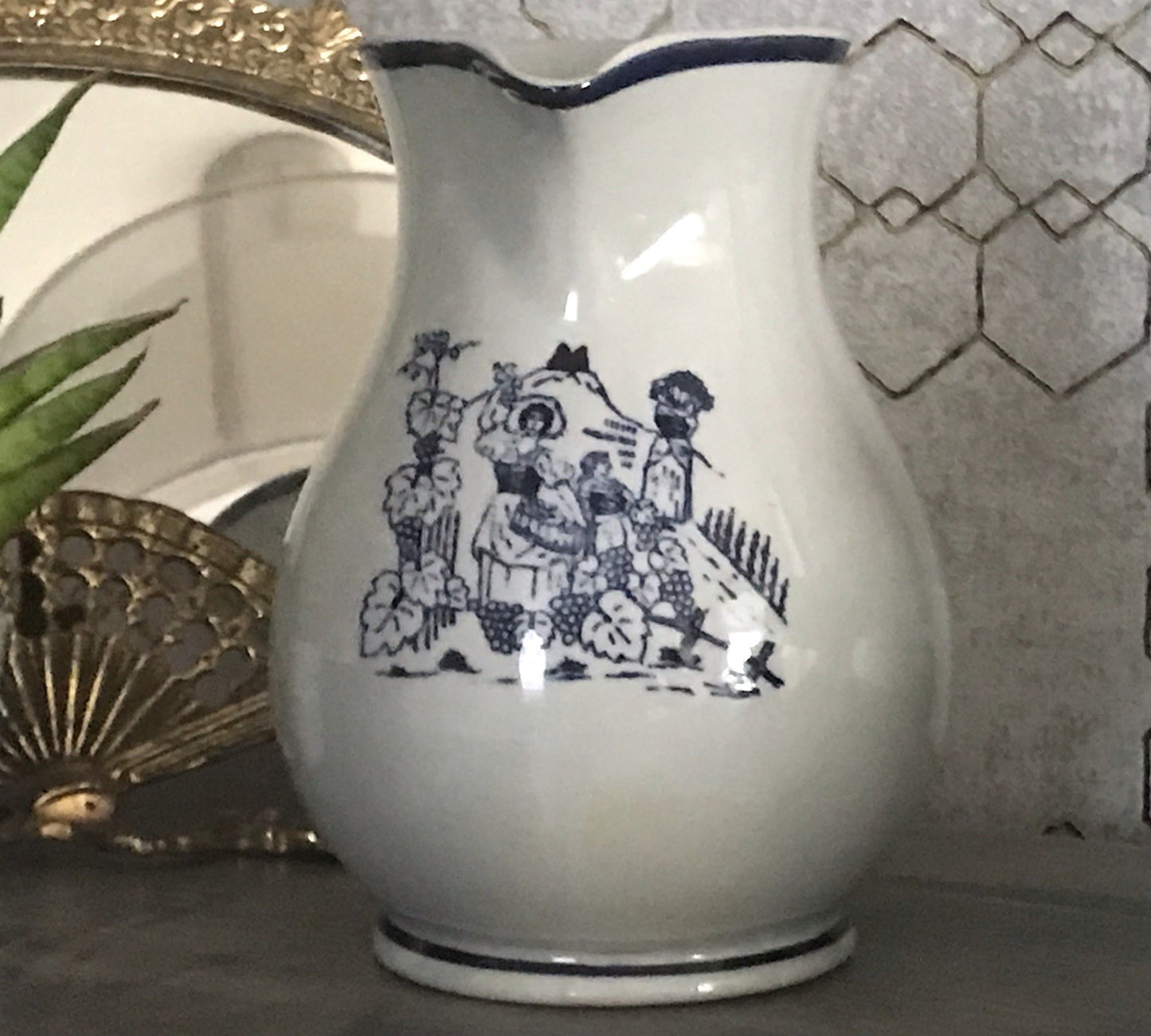 Antik Vintage alt Schankkrug Keramik Steinzeug Weinkrug Kanne grau blau Weinlese