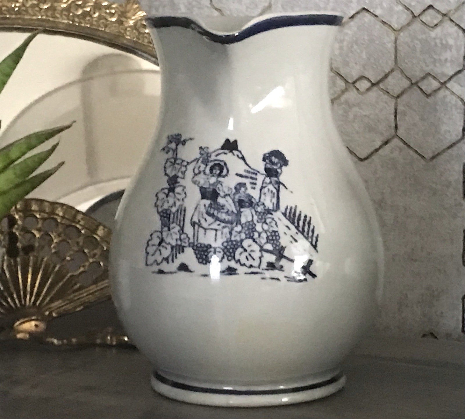 Antik Vintage alt Schankkrug Keramik Steinzeug Weinkrug Kanne grau blau Weinlese