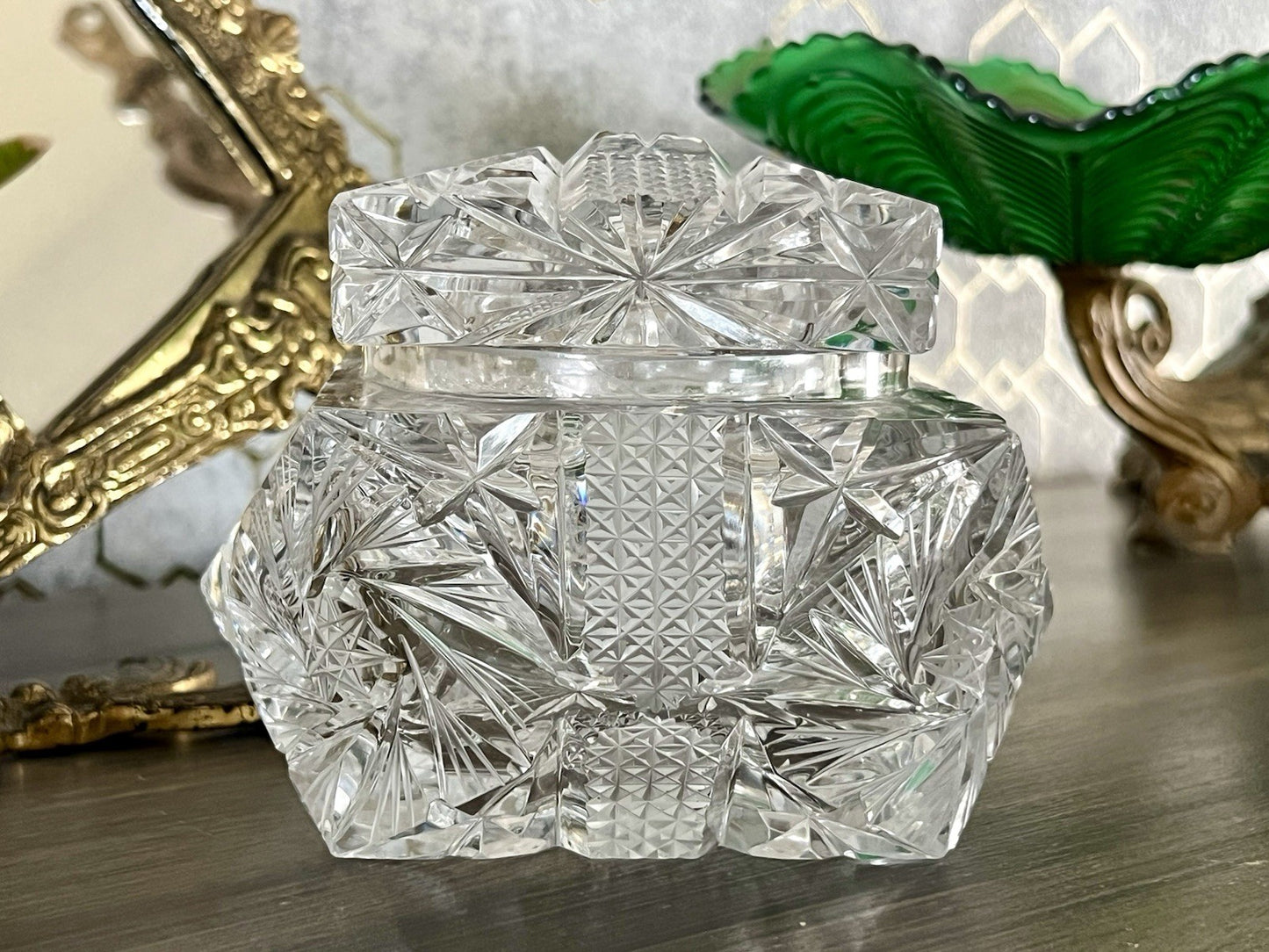 Antik Vintage Art Deco EDEL Glasdose Deckeldose Schatulle Kristallglas Schliff