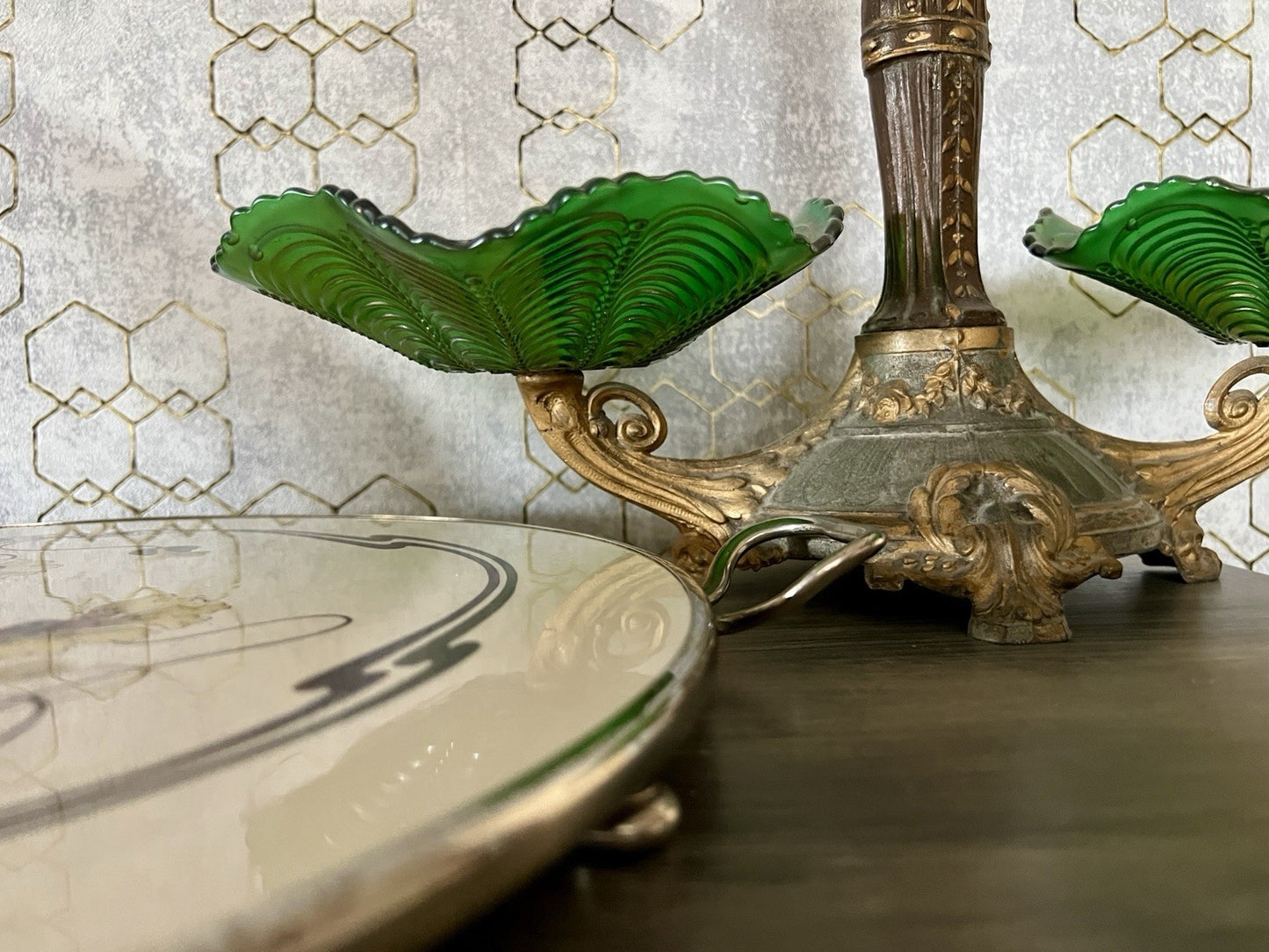 Antik WMF Jugendstil Art Deco Tortenplatte  Metallmontur Porzellan Keramik