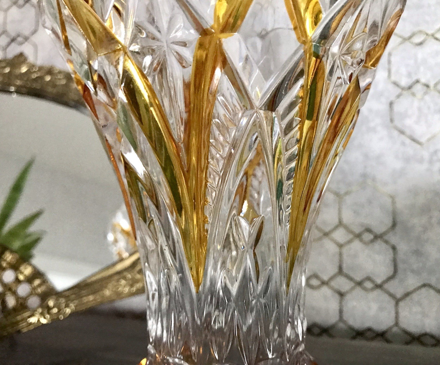 Antik alt Art Déco Stil Glasvase Bleikristall Vase Bernstein Gelbbeize Annahütte