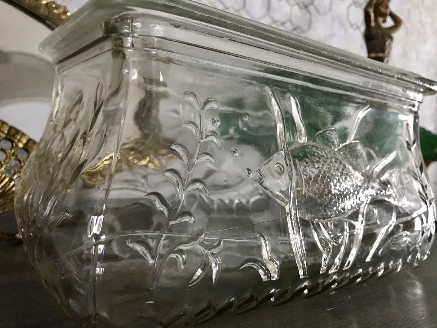 Antik Art Déco Deckeldose Dose Glasdose Pressglas Haribo Lakritze Fischmuster