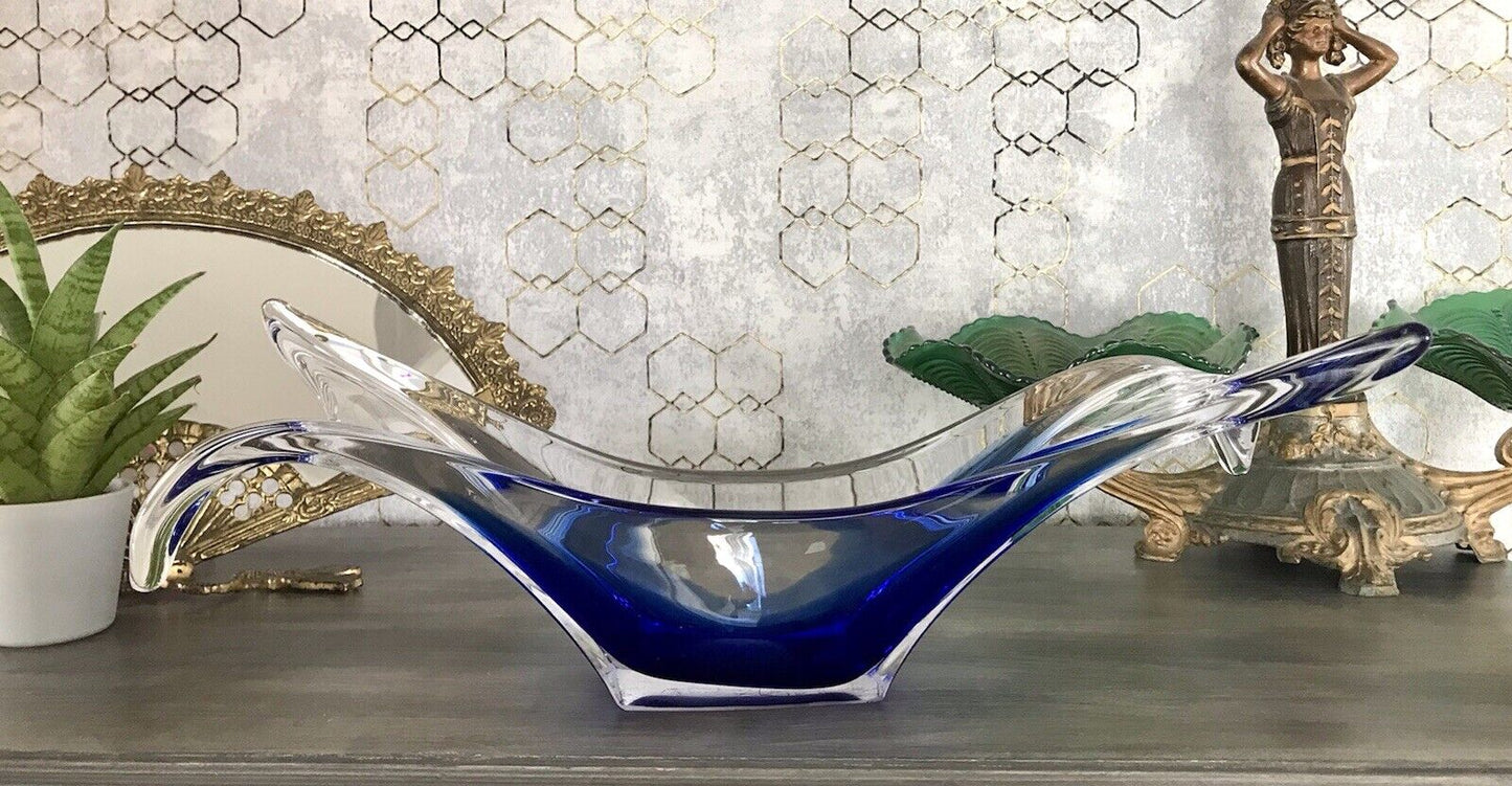 Murano 60er 70er Jahre Schale Glas zipfelig blauer Zwischenfang im Klarglas
