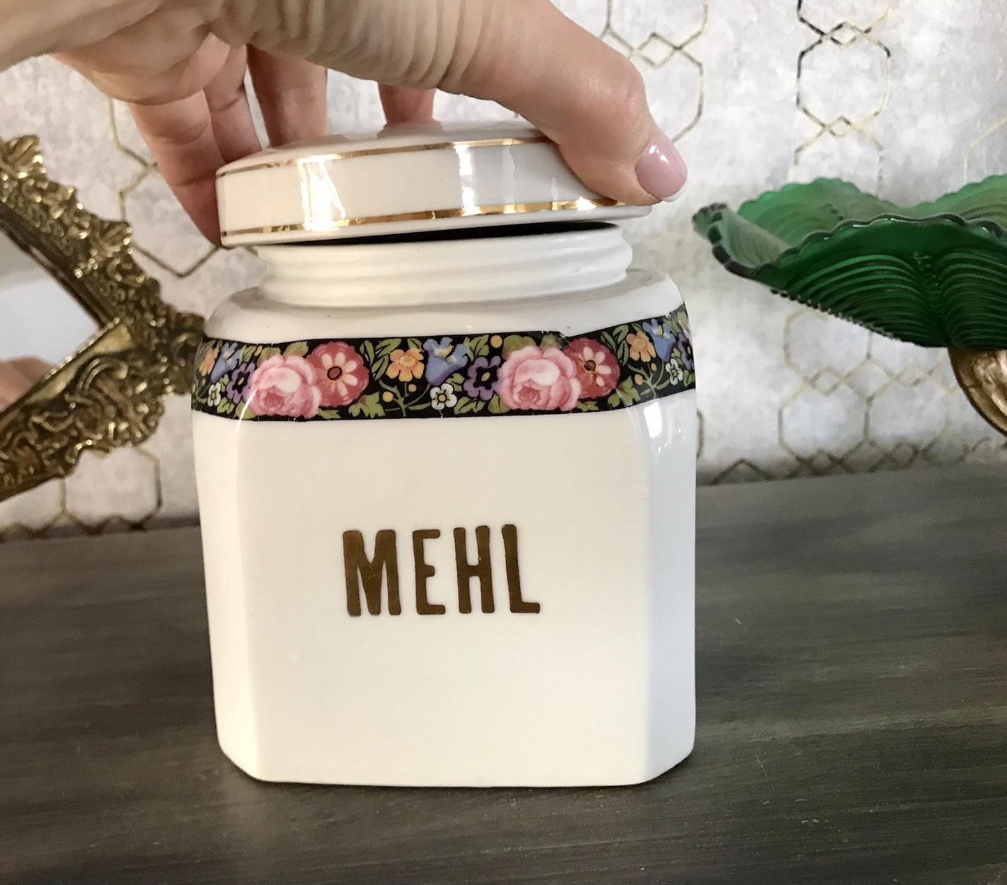 Antik Porzellan Dose Vorratsgefäß Vorratsdose Mehl Blumenborte Art Déco