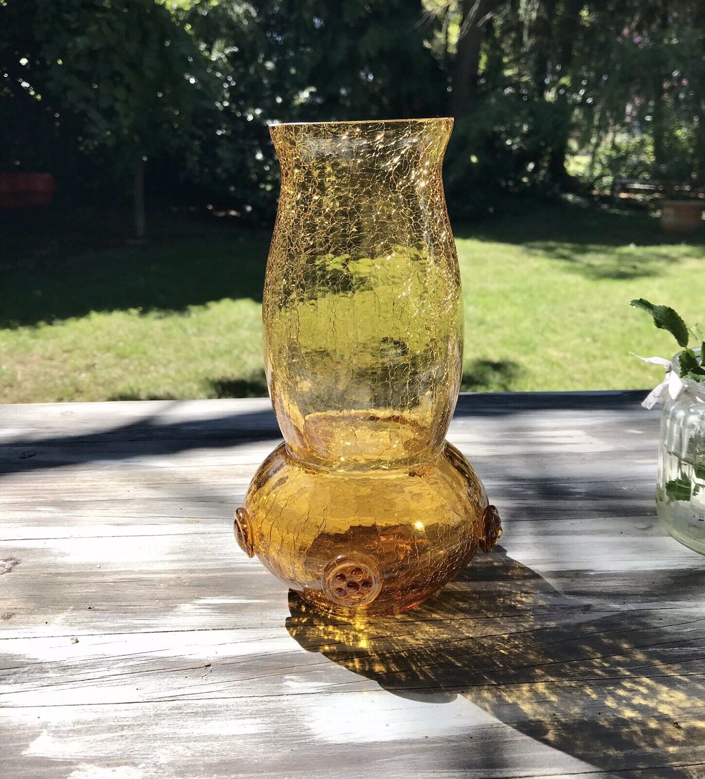 Antik Craqueleè Vase Glasvase Bernstein Gelb Amber Art Déco Nuppen