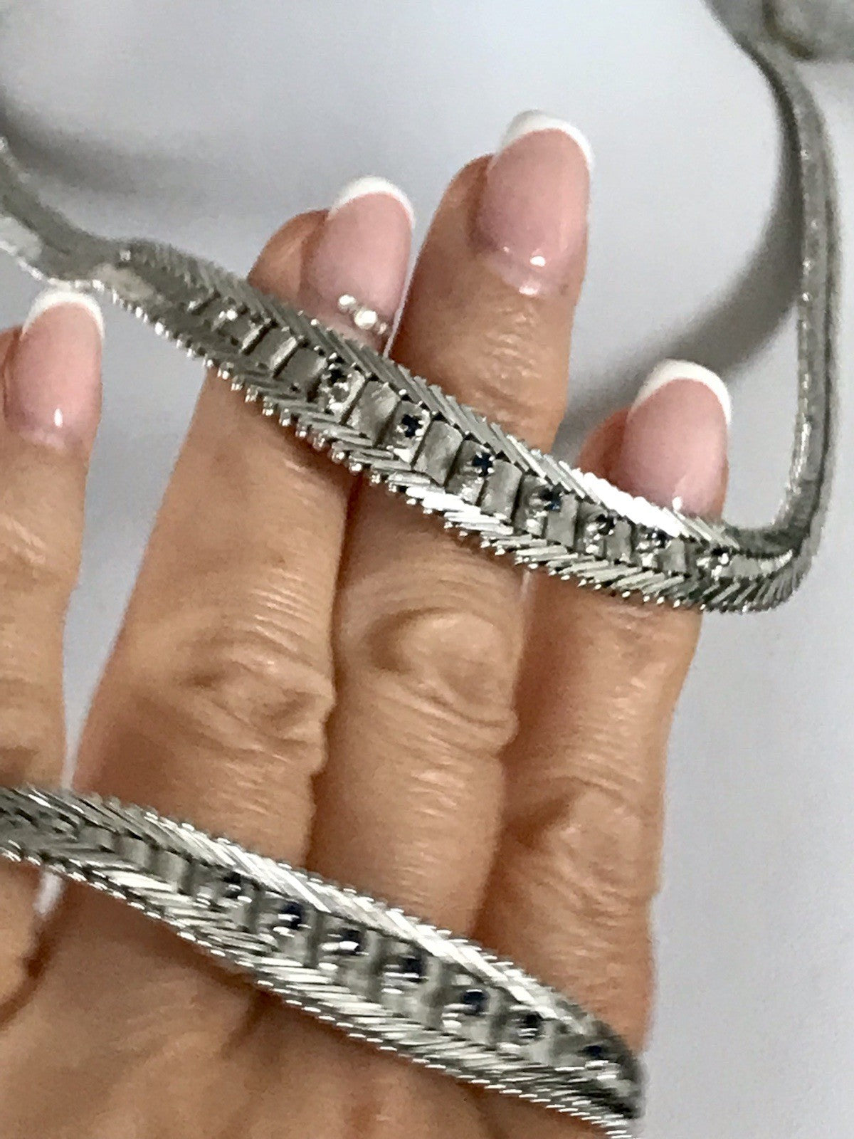 Antik Edel Art Déco 835 Silber Collier rhodiniert Halskette blau Steine Armband