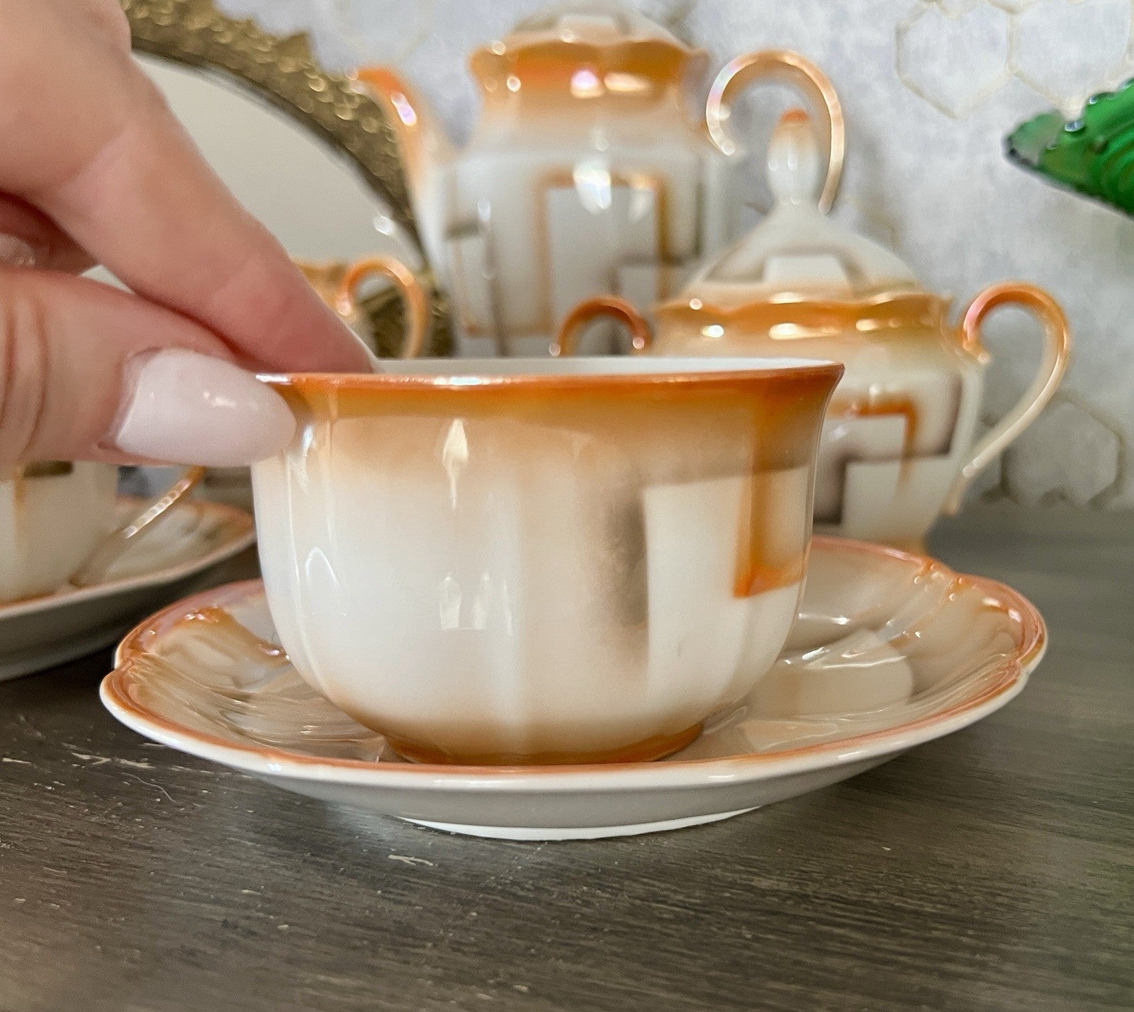 Antik Art Déco Porzellan Kaffeeservice Spritzdekor Bauhaus Teté a Téte 2 Pers.