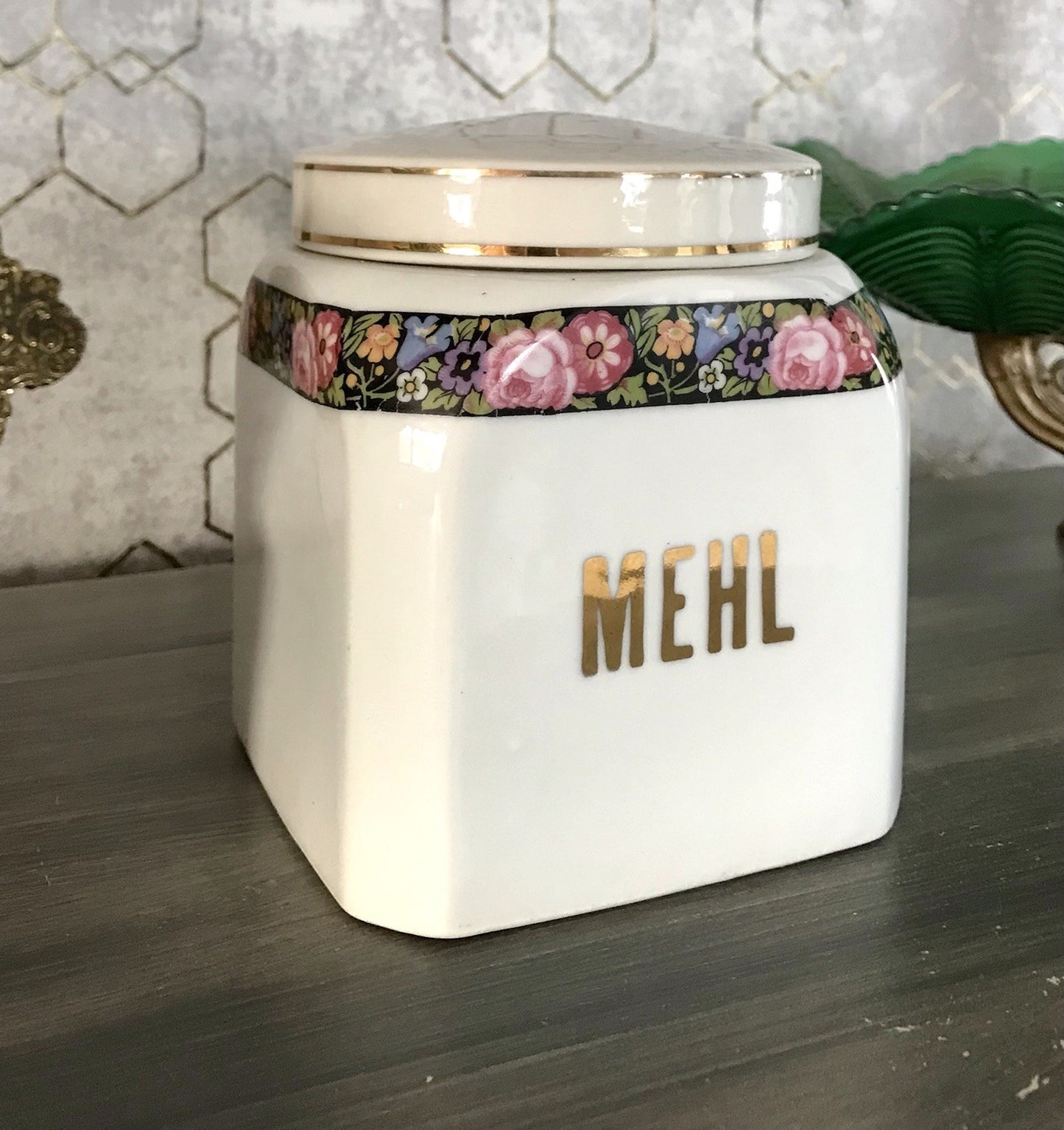 Antik Porzellan Dose Vorratsgefäß Vorratsdose Mehl Blumenborte Art Déco