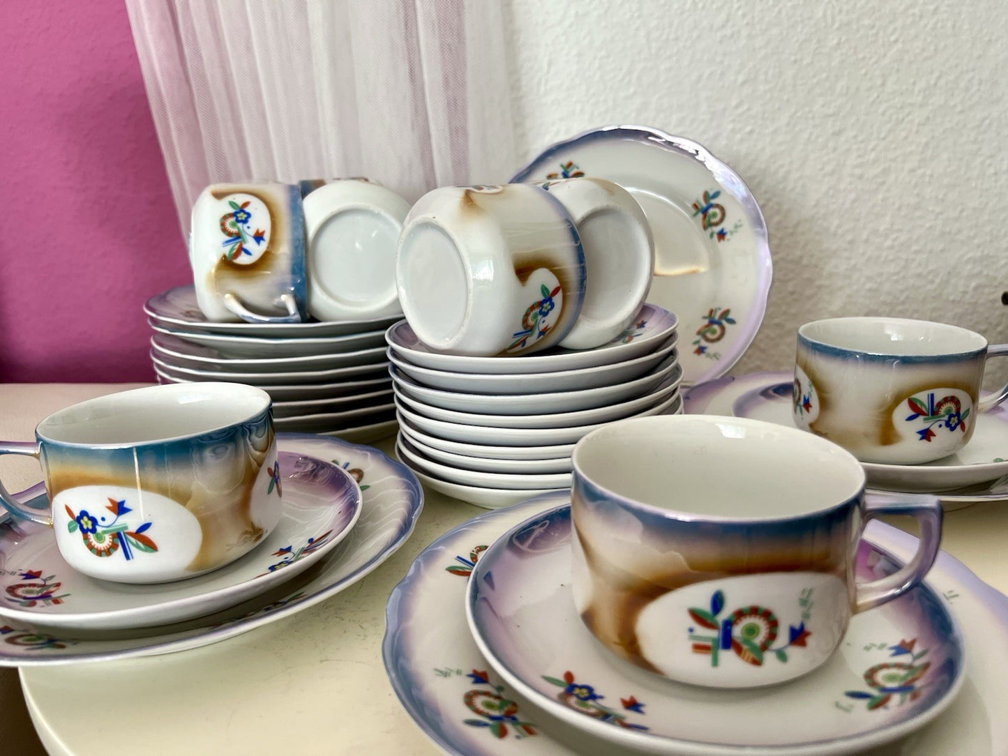 Antik Art Déco Porzellan Kaffeeservice Spritzdekor Teeservice 9 Pers. plus