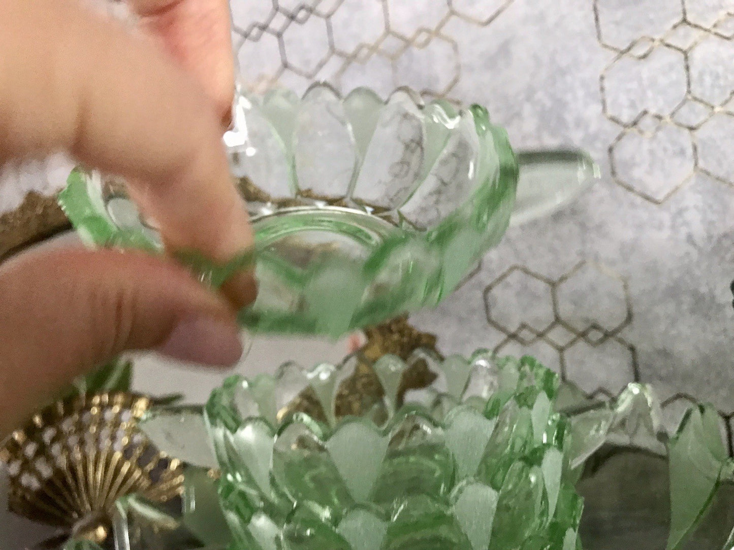 Antik Set grün Dessert Kompott Eis Schale 5x Schälchen Pressglas Art Déco Griffe
