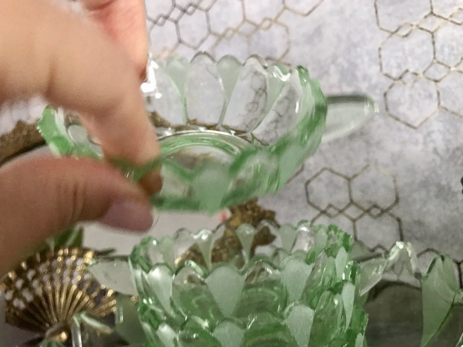 Antik Set grün Dessert Kompott Eis Schale 5x Schälchen Pressglas Art Déco Griffe