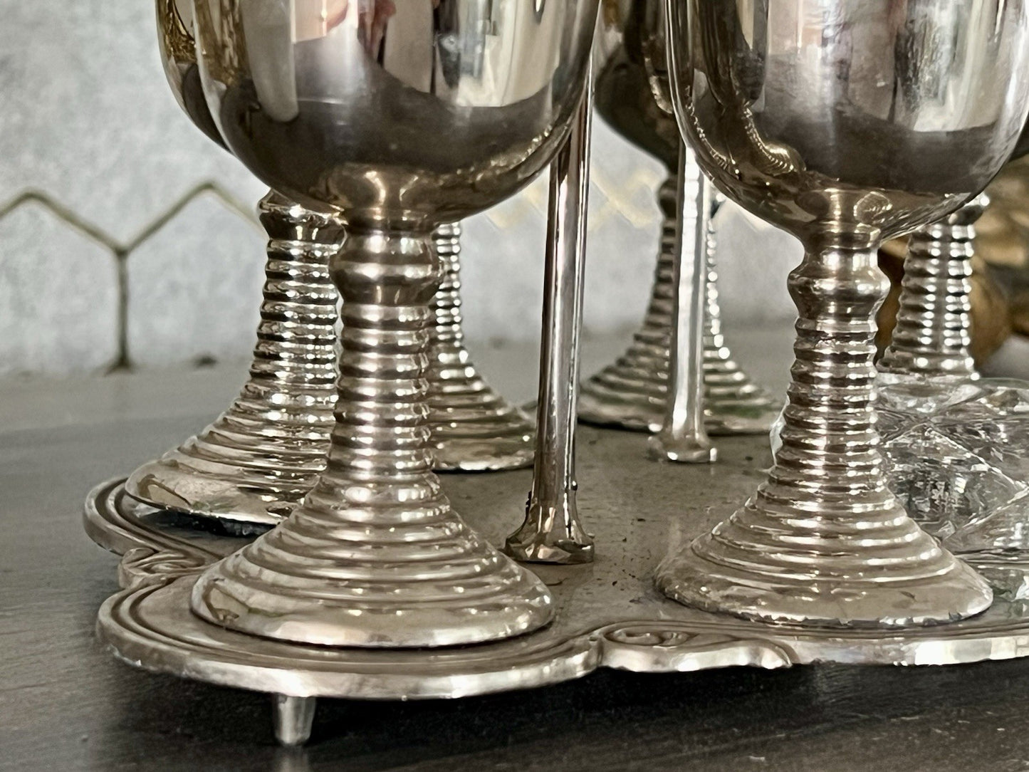Antik Menage Eiermenage Frühstück Metallmontur Glaseinsatz 6 Eierbecher