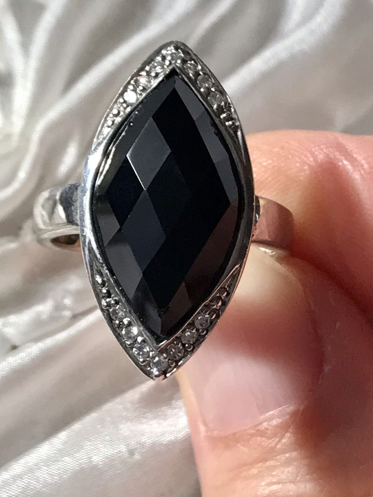 Vintage Onyx? & farblose Steine DAMEN RING Silber 925 Gr.57 58 Schiffchen