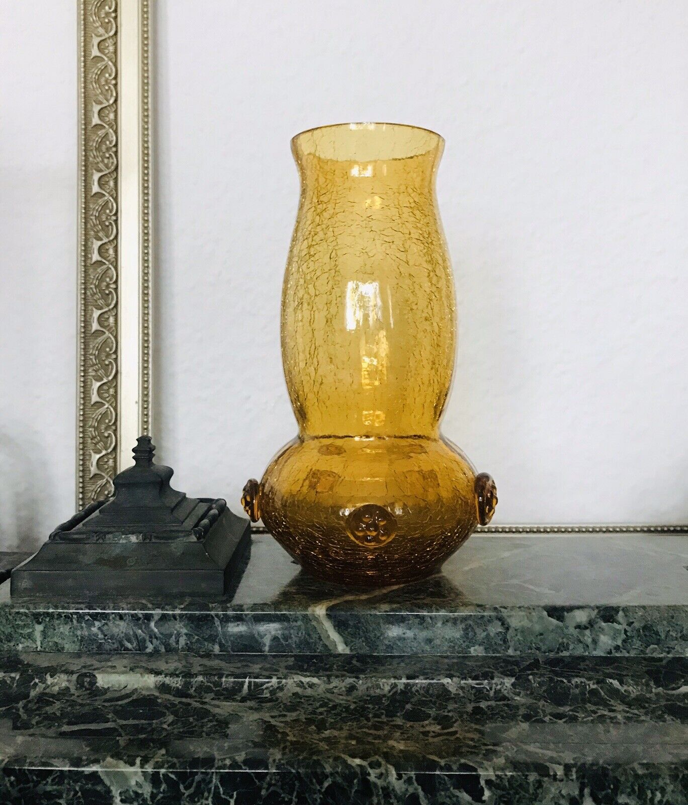 Antik Craqueleè Vase Glasvase Bernstein Gelb Amber Art Déco Nuppen