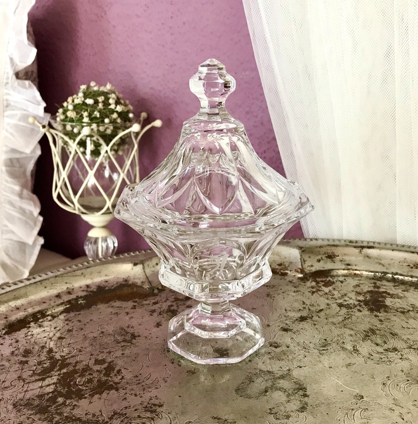 Vintage Bleikristall Deckeldose Bonboniere Glas Kristallglas Golf Pokal 1980