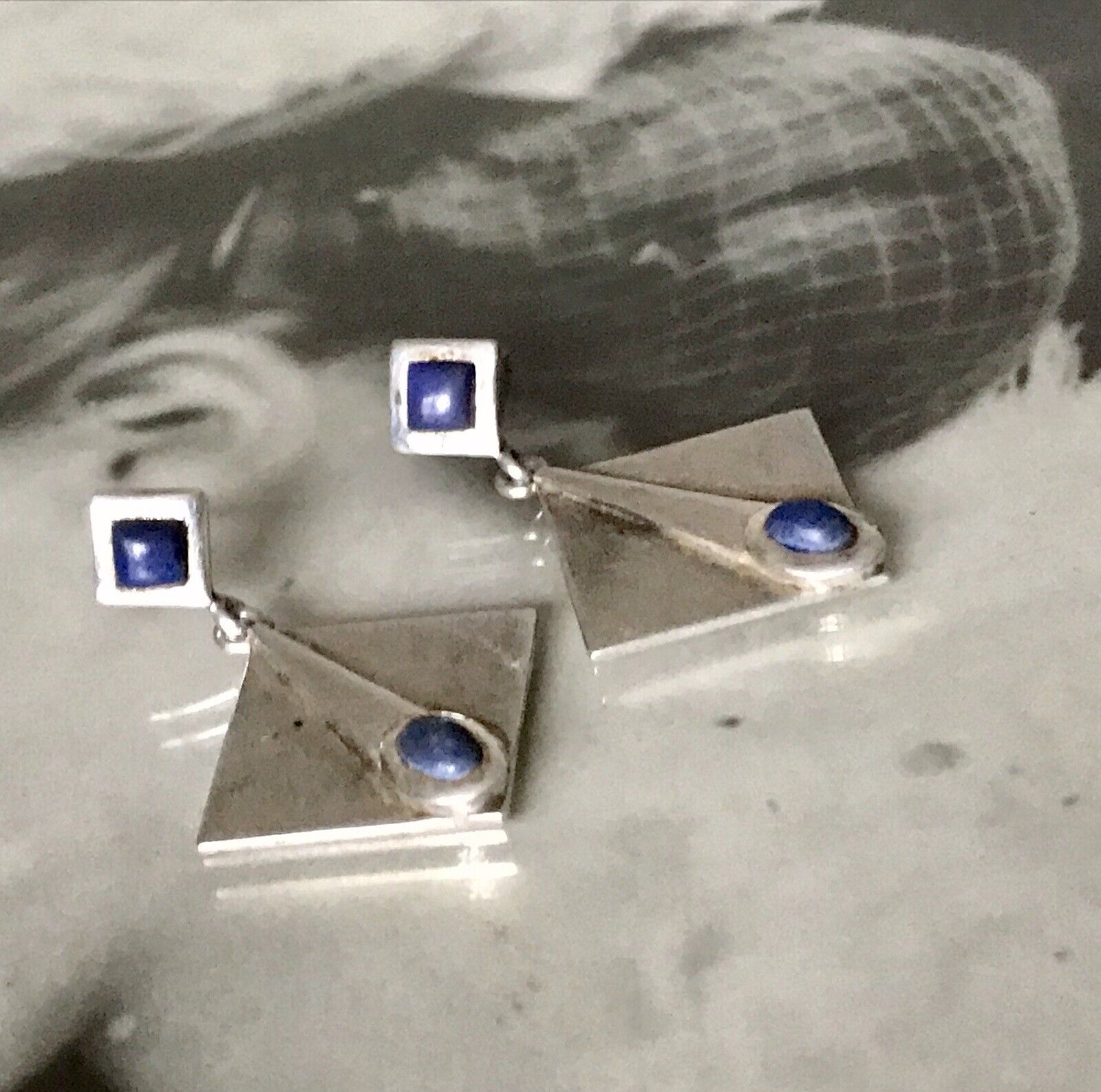 Alt Vintage Modern Ohrringe Ohrhänger DAMEN 925 Silber blauer Stein Sodalith?
