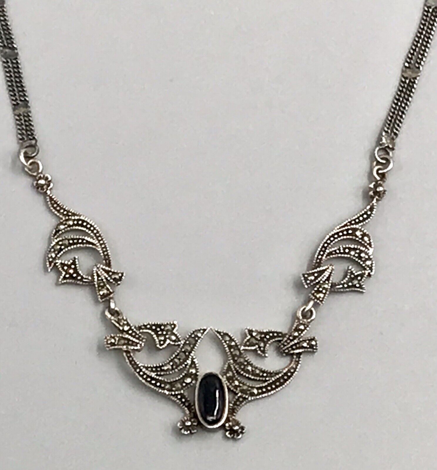 Antik Edel Jugendstil Art Déco 925 Silber Collier Halskette mit Onyx & Markasite