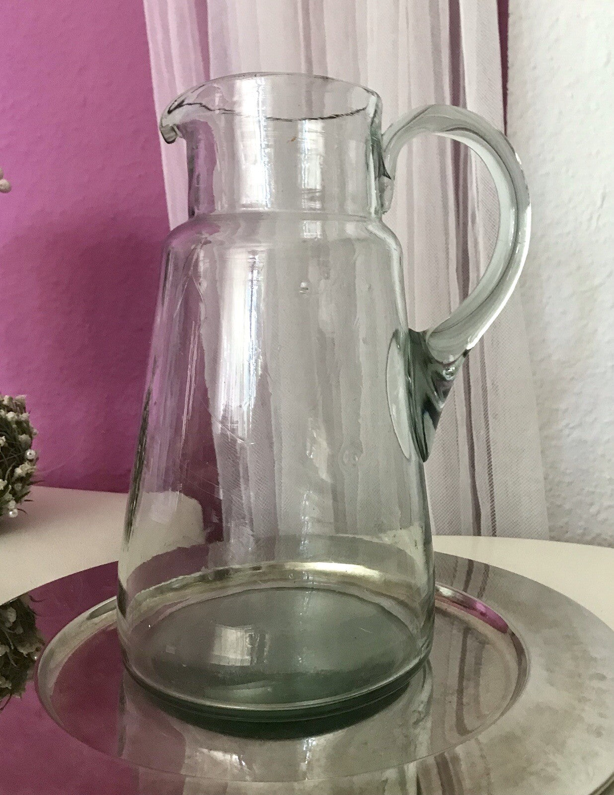Antik groß Krug Glas Karaffe Kanne Wasserkrug Glas mundgeblasen light türkis