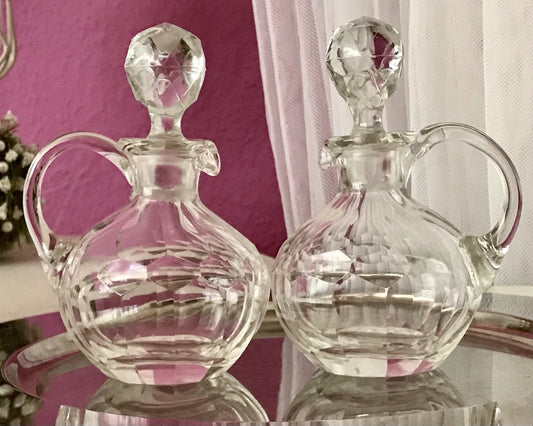 Antik 2x Kristallglas Essig&Öl Karaffe Glas Schliff Oliven Stopfen