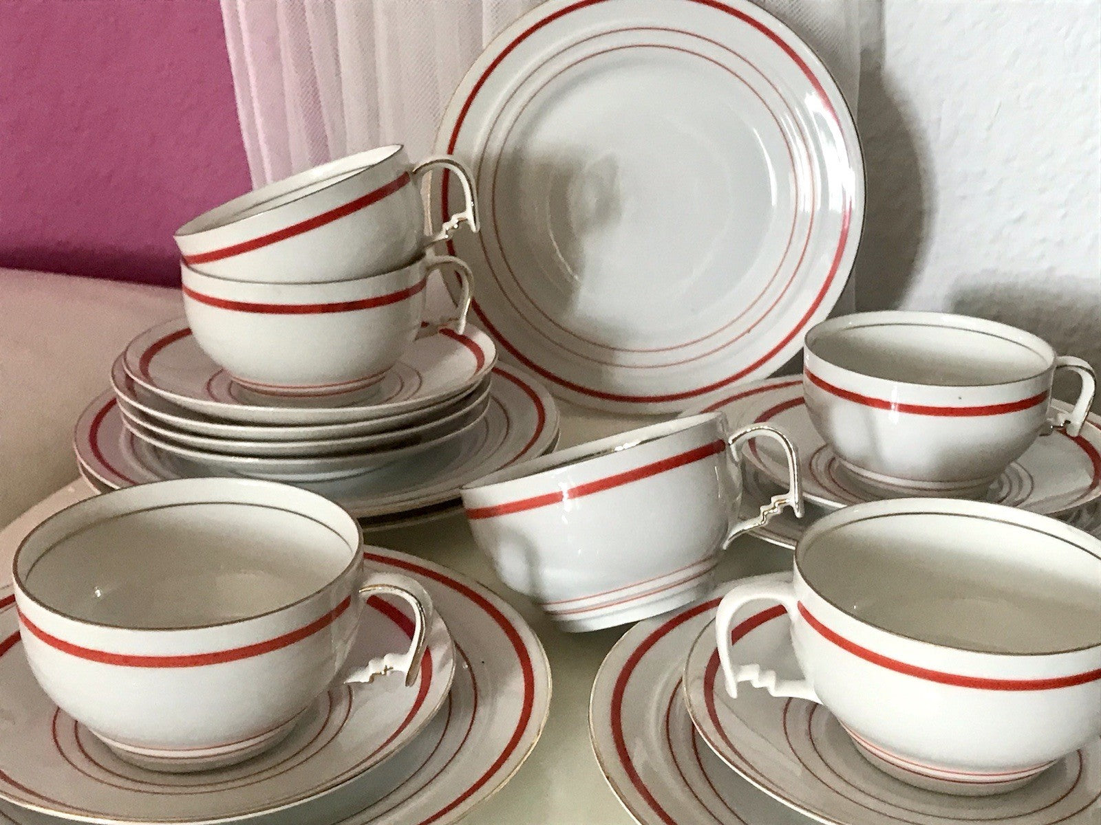 Antik Art Déco Porzellan Kaffeeservice weiß rot orange gemarkt deutsch Bauhaus
