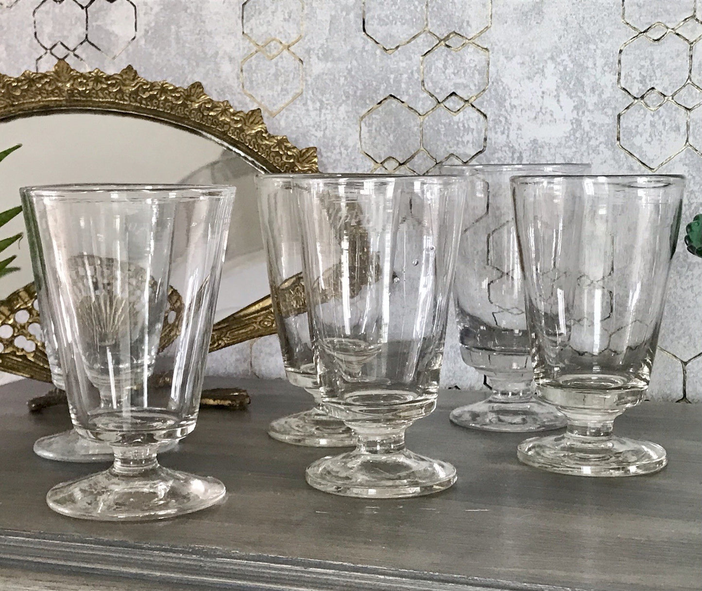 Antik 6 Fußbecher Becher Weinglas Pokalglas Glas ~ 1900 Eichstrich mundgeblasen