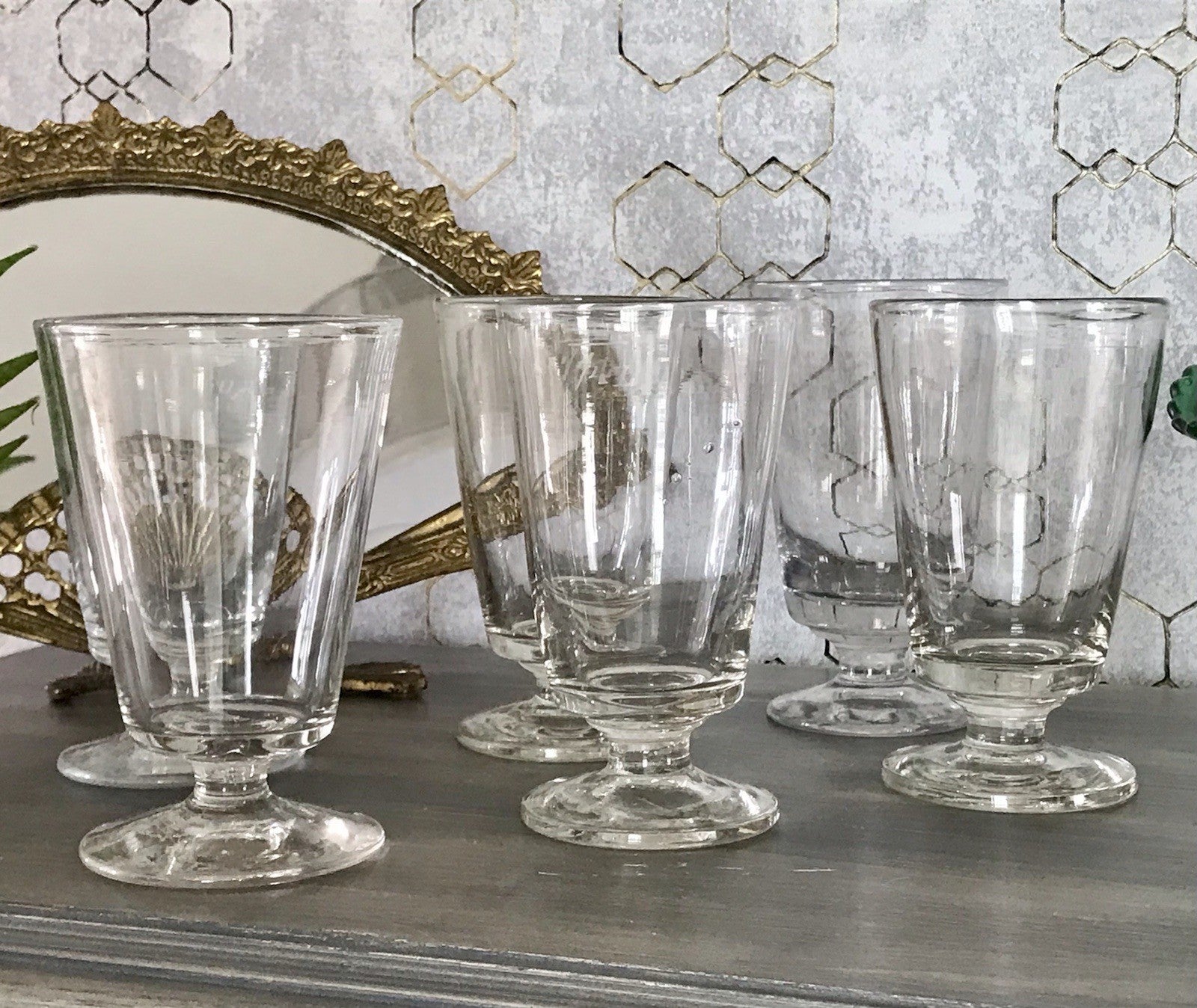 Antik 6 Fußbecher Becher Weinglas Pokalglas Glas ~ 1900 Eichstrich mundgeblasen