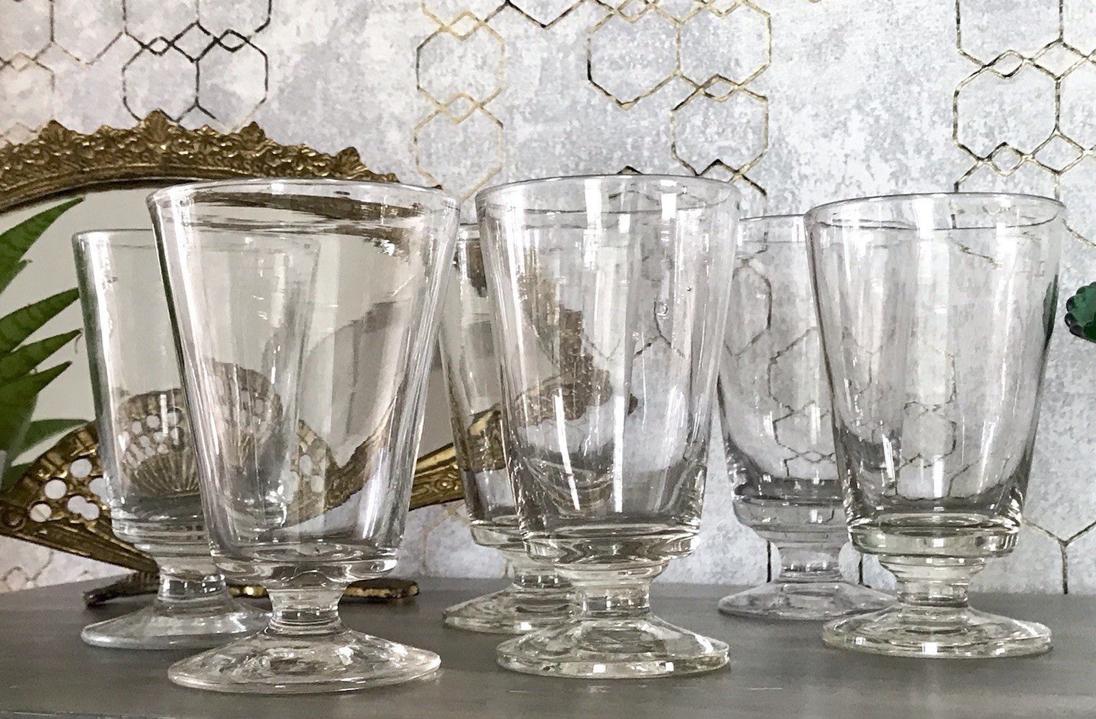 Antik 6 Fußbecher Becher Weinglas Pokalglas Glas ~ 1900 Eichstrich mundgeblasen