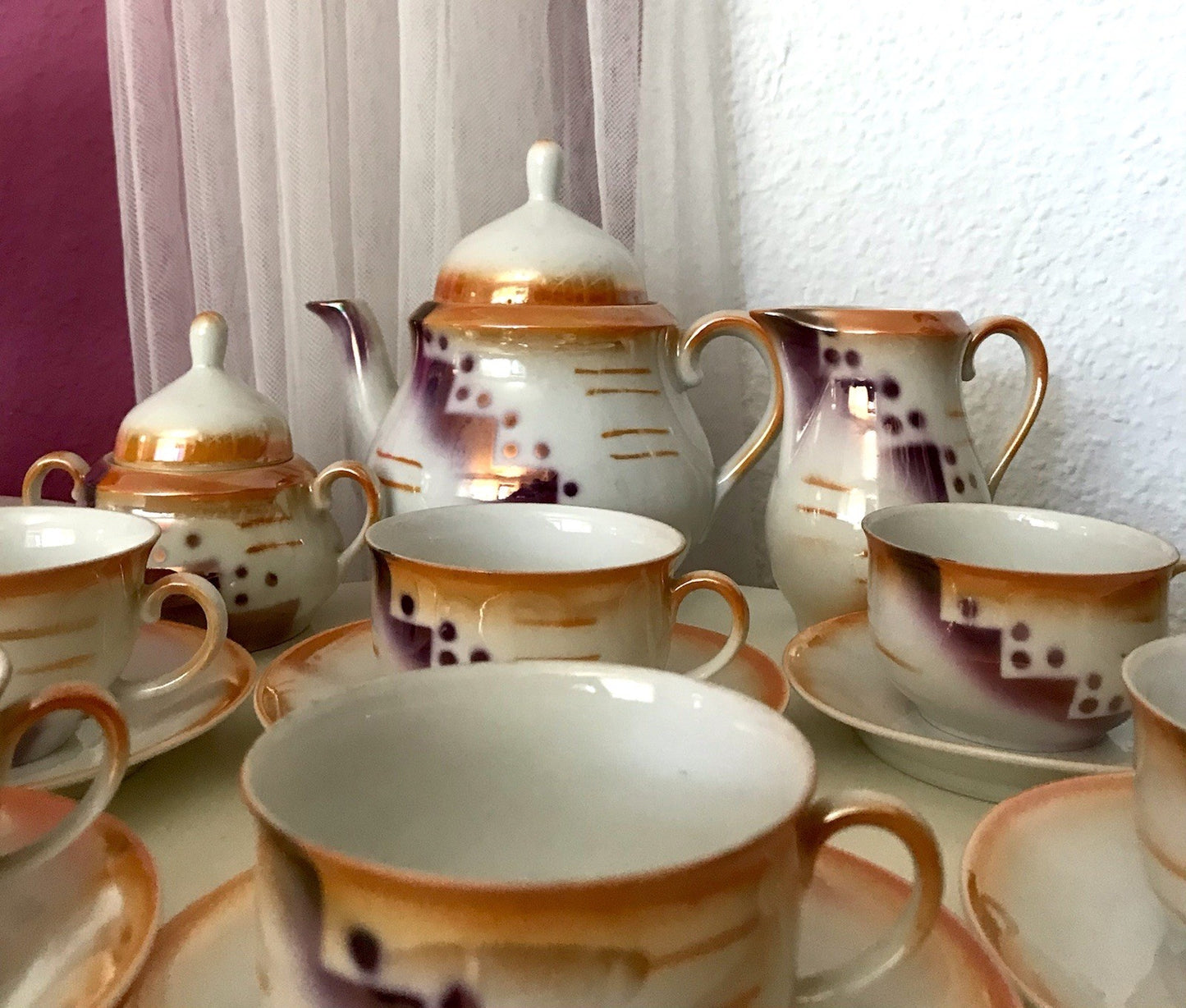 Antik Art Déco Porzellan Kaffeeservice Spritzdekor Teeservice 6 Pers.