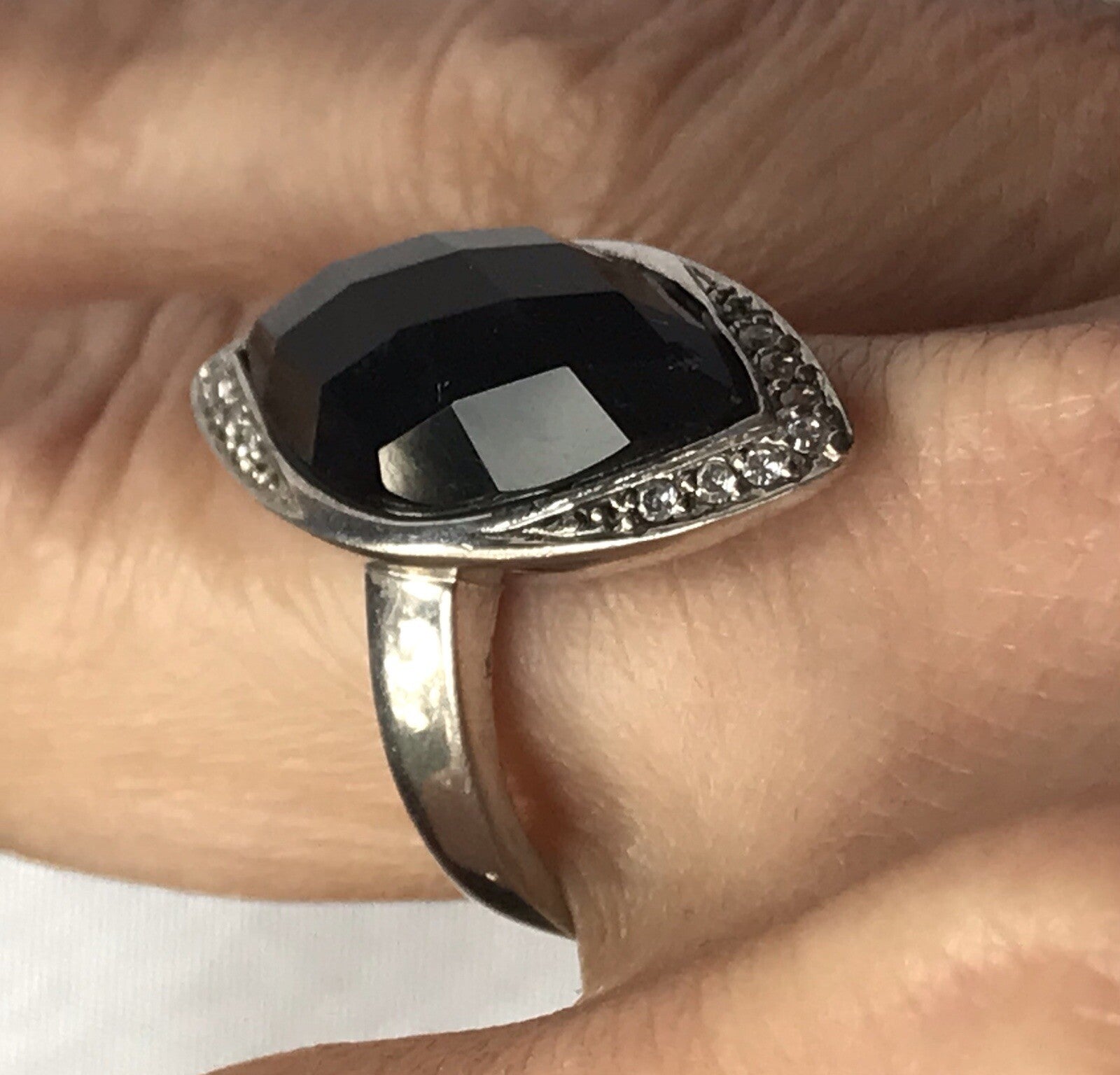 Vintage Onyx? & farblose Steine DAMEN RING Silber 925 Gr.57 58 Schiffchen