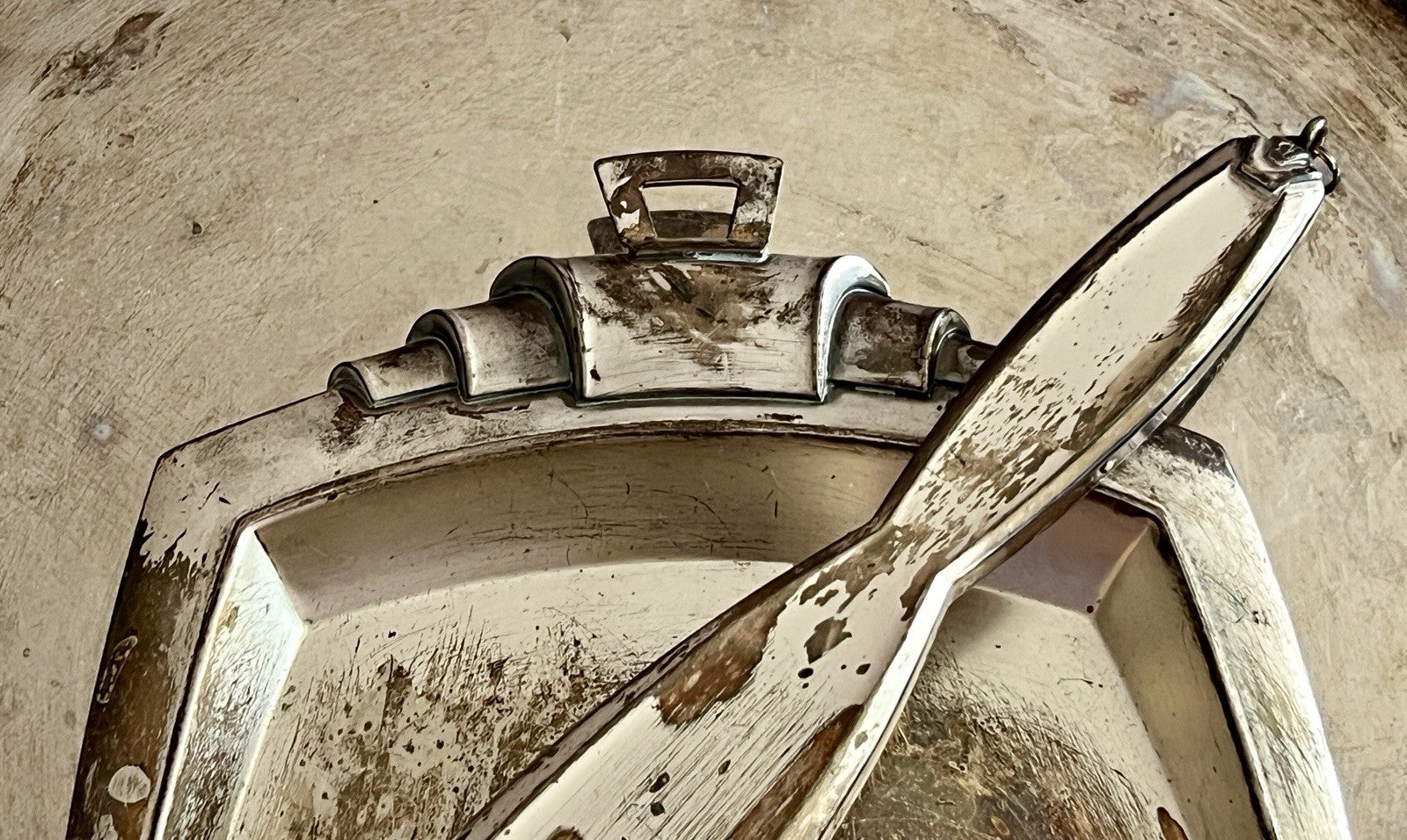 Antik Art Deco Tisch Kehrset Kehrgarnitur Krümmelkehrer versilbert Bauhaus