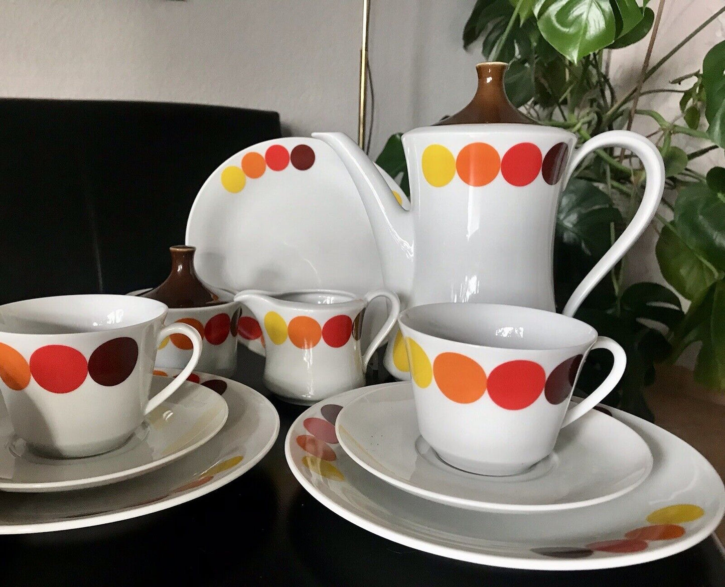 Alt Vintage 70er Seltmann Porzellan Kaffeeservice weiß bunte Kreise 6 Personen