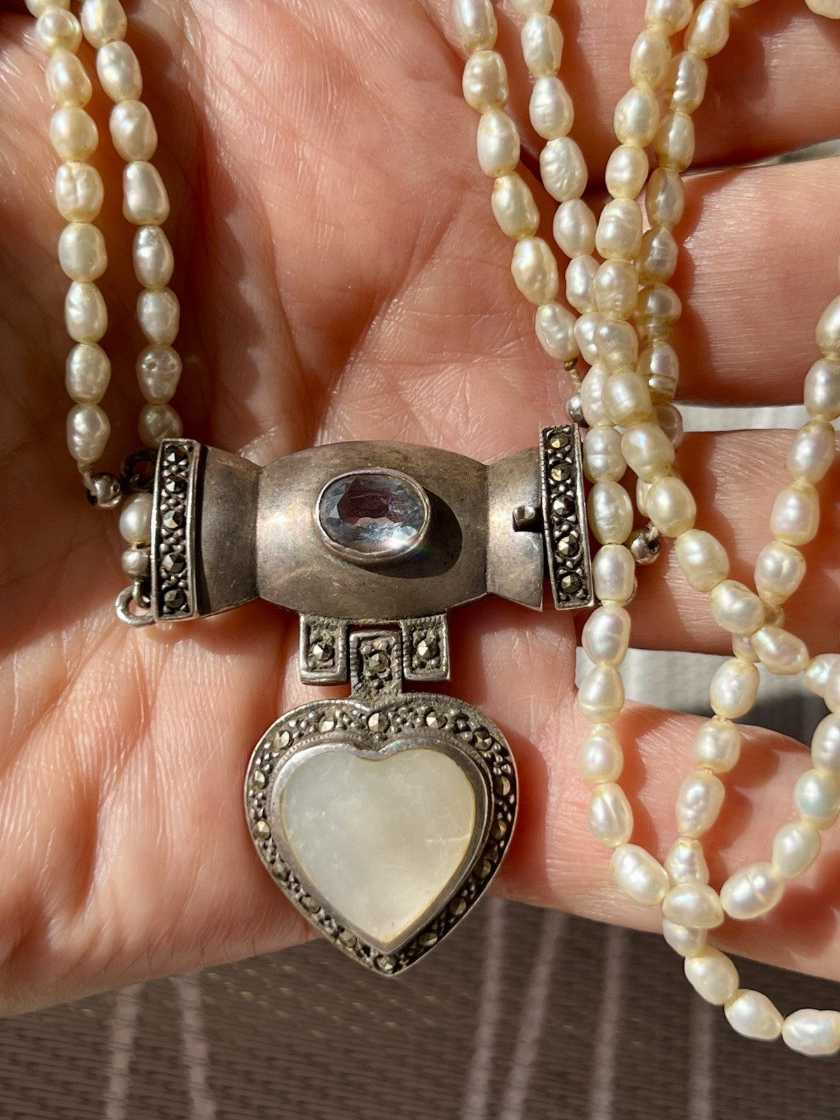 Antik  Jugendstil Silber Collier Perlen Halskette Herz Markasite blauer Stein