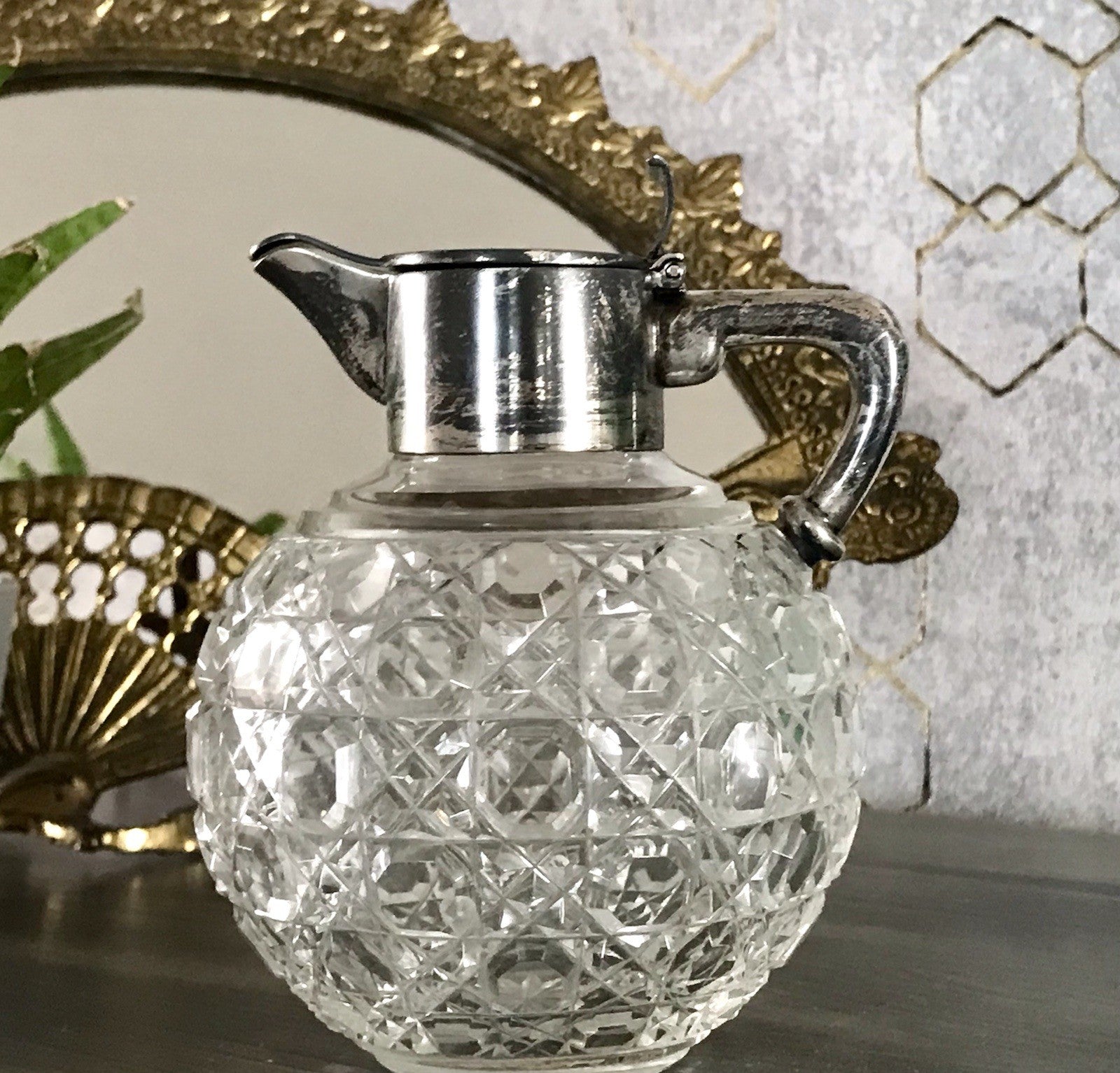 Antik EDEL Schliff Karaffe Kännchen Silber 800 Kristall Glaseinsatz Jugendstil