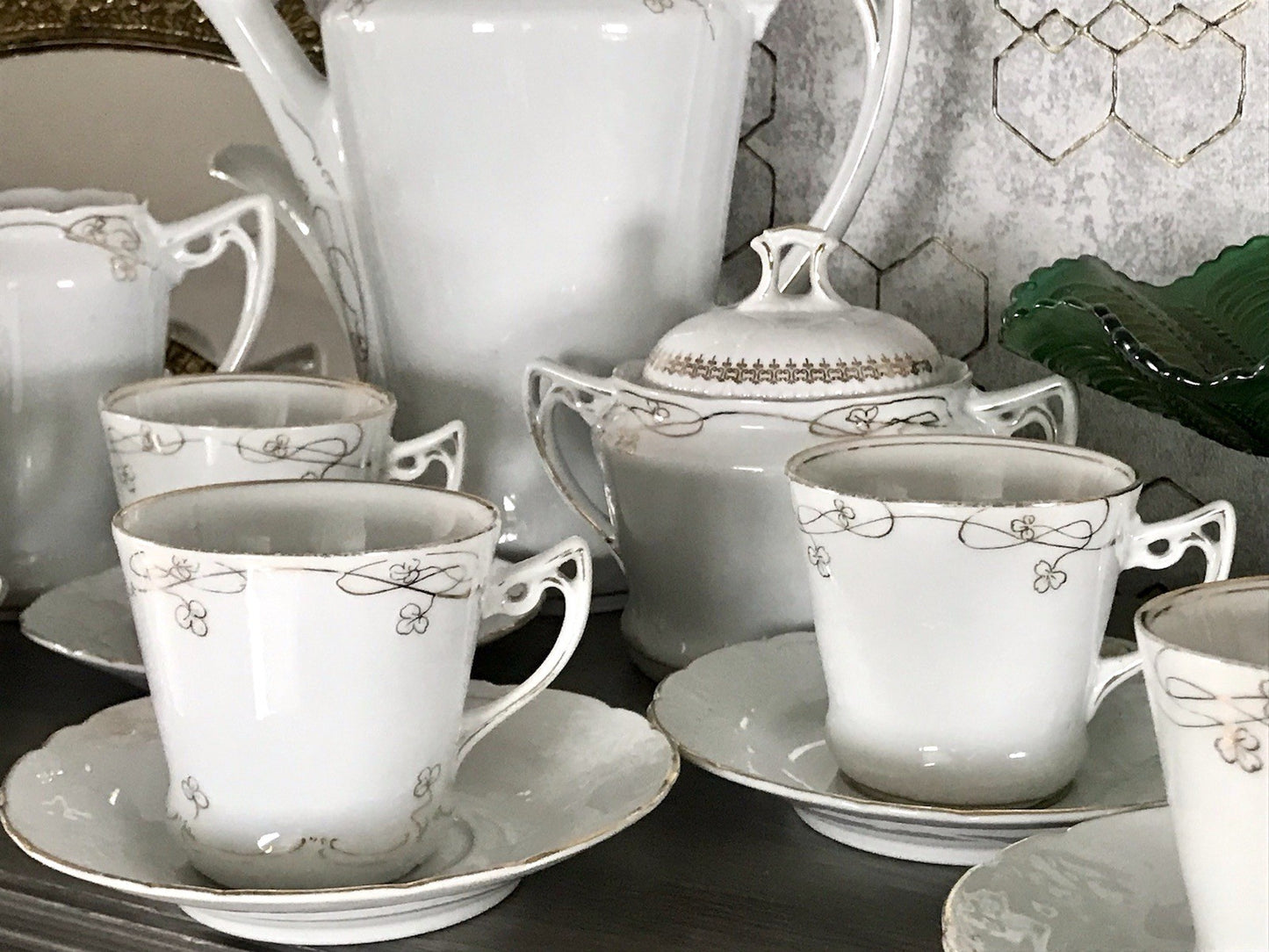 Antik reines Jugendstil Porzellan Kaffeeservice weiß gold 5 Pers. WOW!