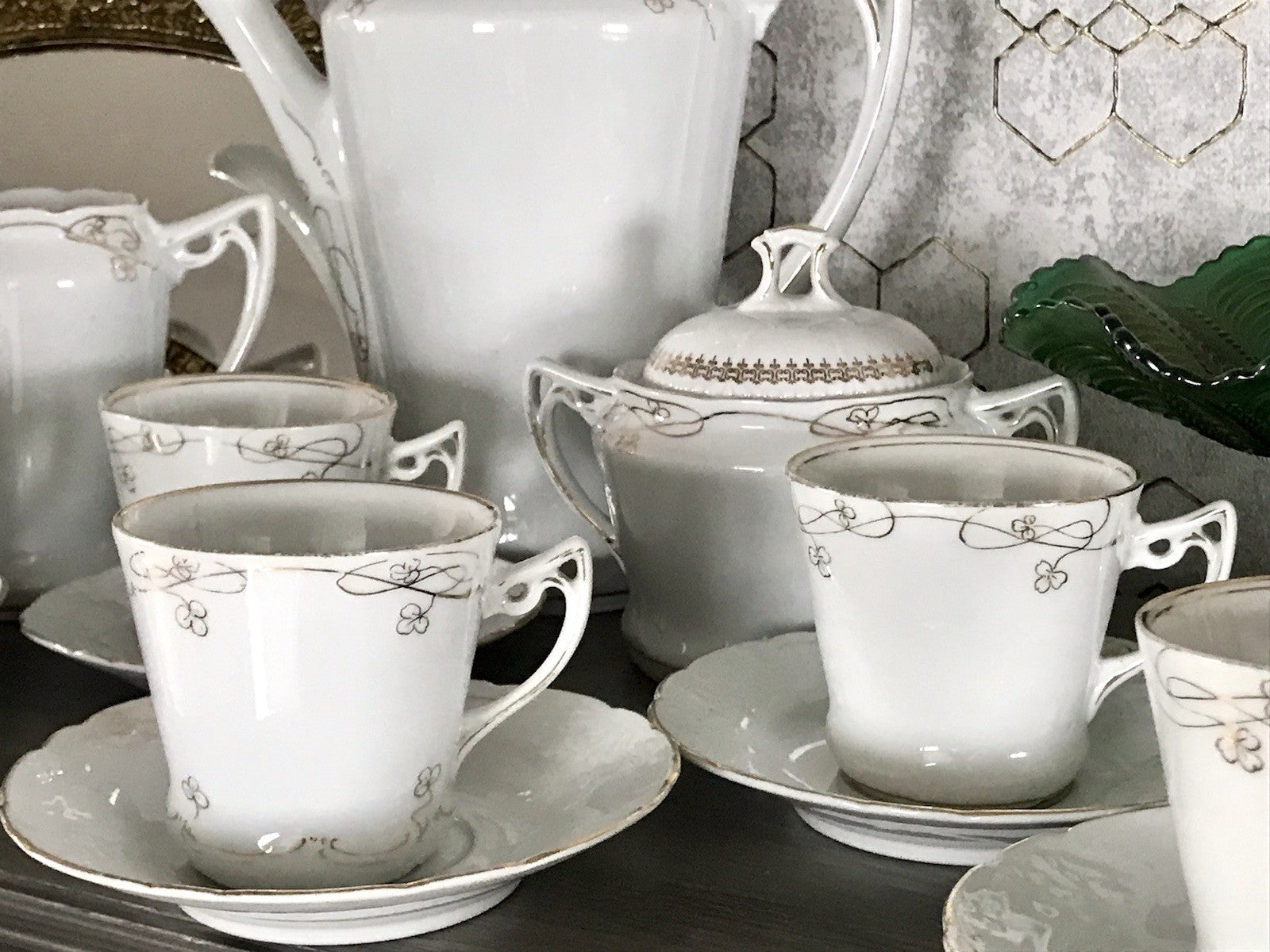 Antik reines Jugendstil Porzellan Kaffeeservice weiß gold 5 Pers. WOW!