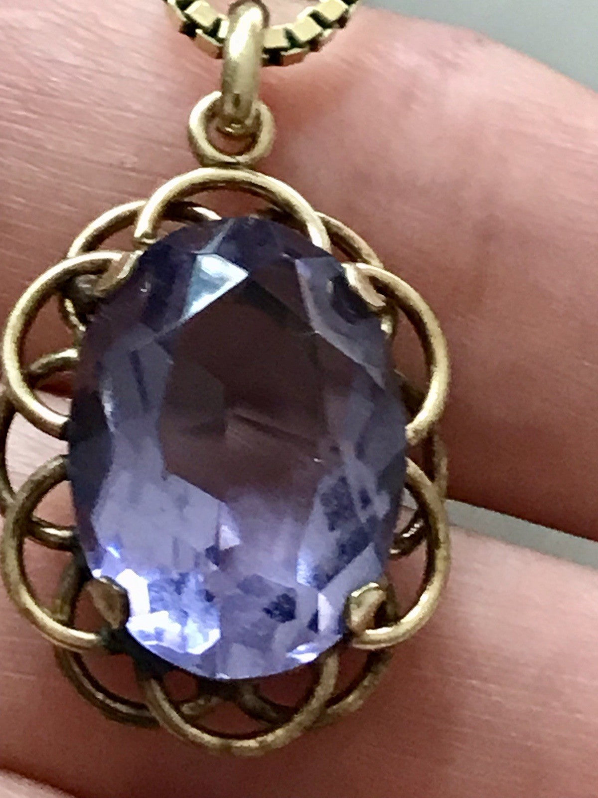 Alt Vintage Edel Kette & Anhänger lila Stein Amethyst? vergoldet Amerik. Doublè