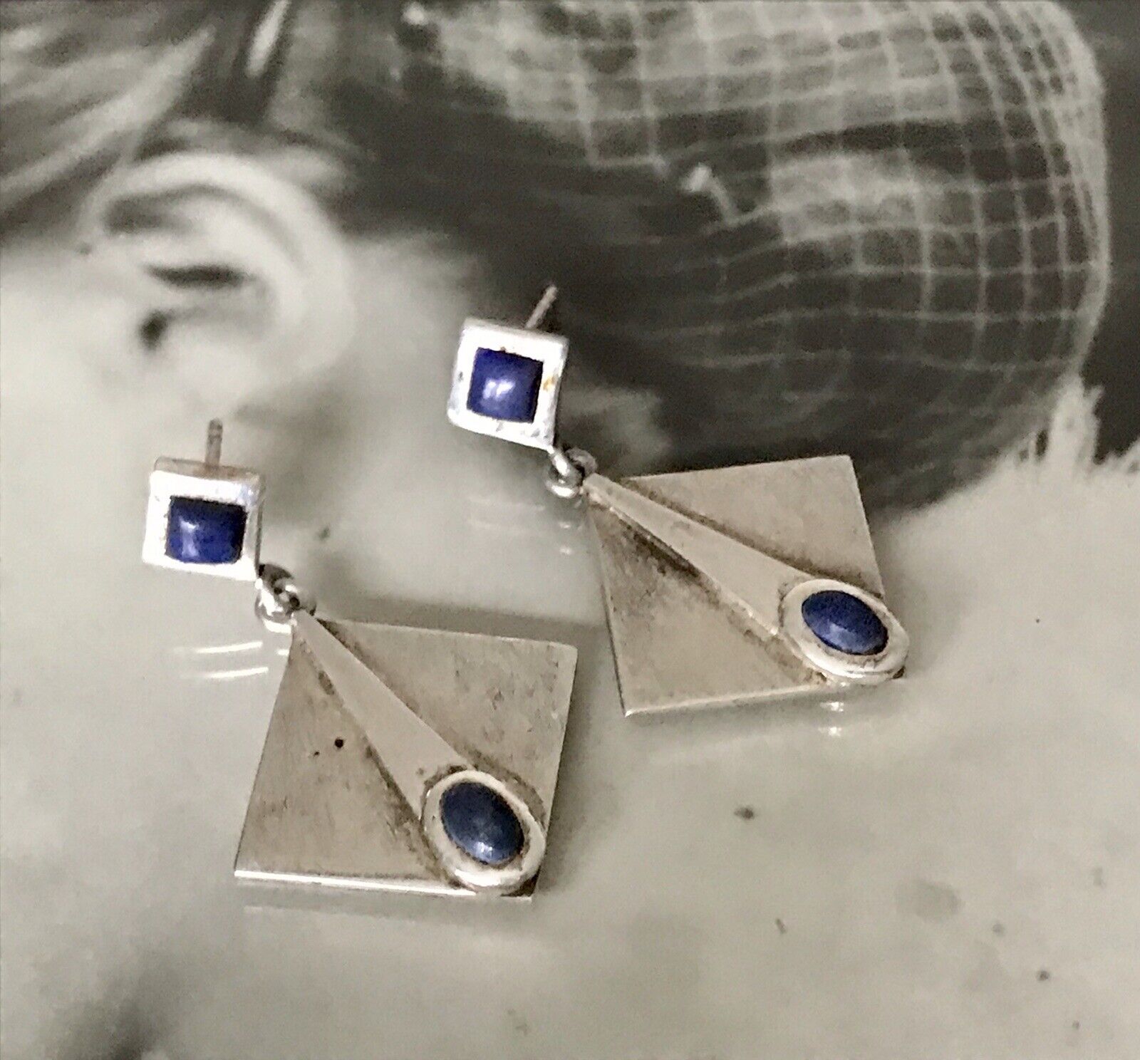 Alt Vintage Modern Ohrringe Ohrhänger DAMEN 925 Silber blauer Stein Sodalith?