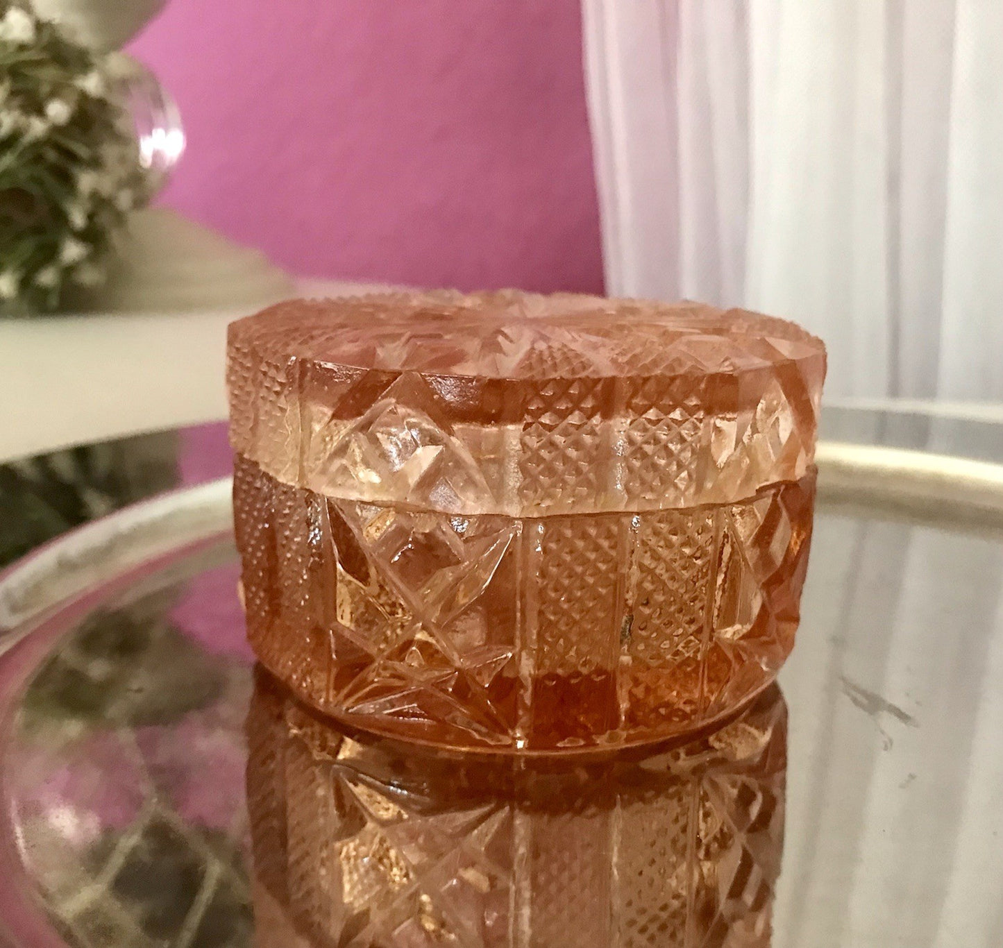 Antik Art Déco Dose Deckeldose Zierdose Pressglas Rosalin rosa Glas