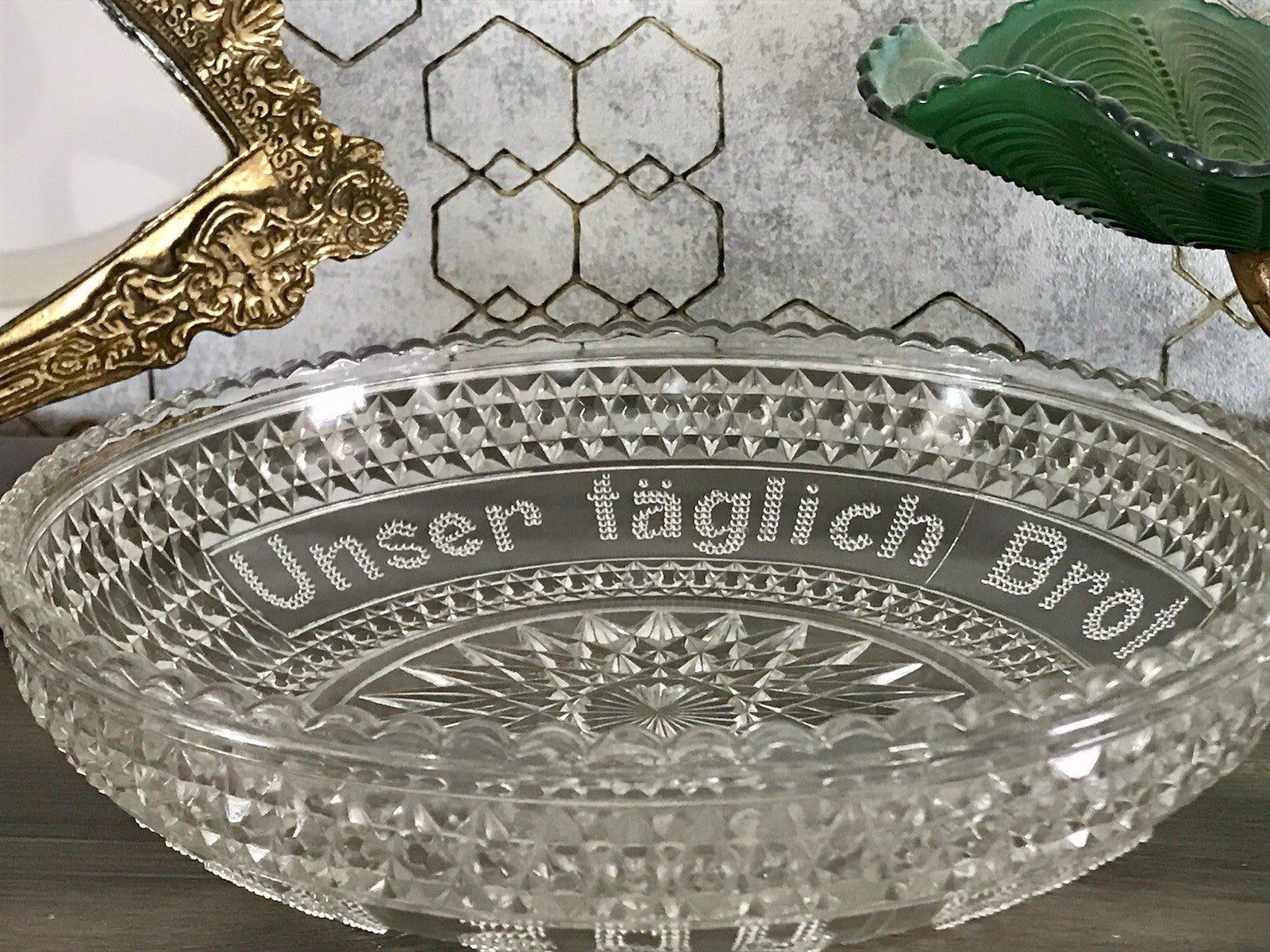 Art Déco Pressglas Schale Antik Brotschale Unser täglich Brot gib uns heute Glas