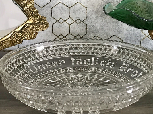 Art Déco Pressglas Schale Antik Brotschale Unser täglich Brot gib uns heute Glas