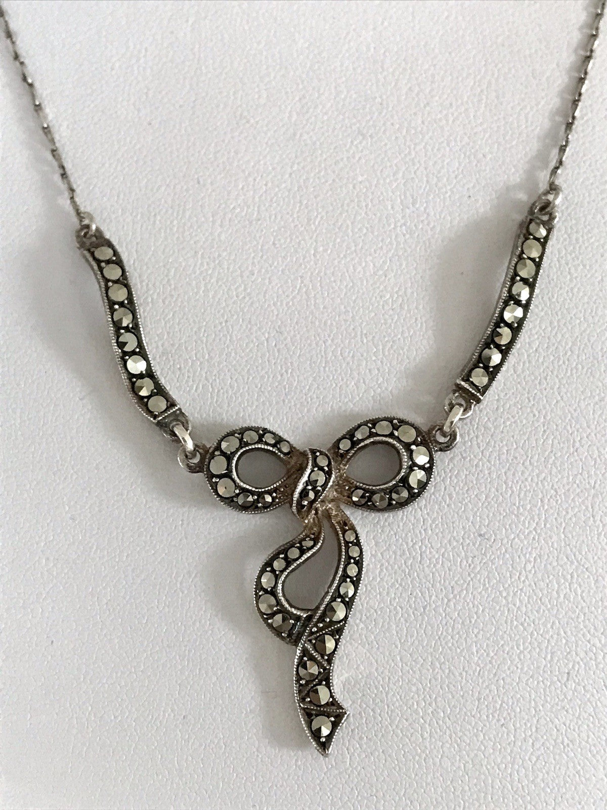 Antik Edel Jugendstil 835 Silber Collier Halskette Markasite Schleife