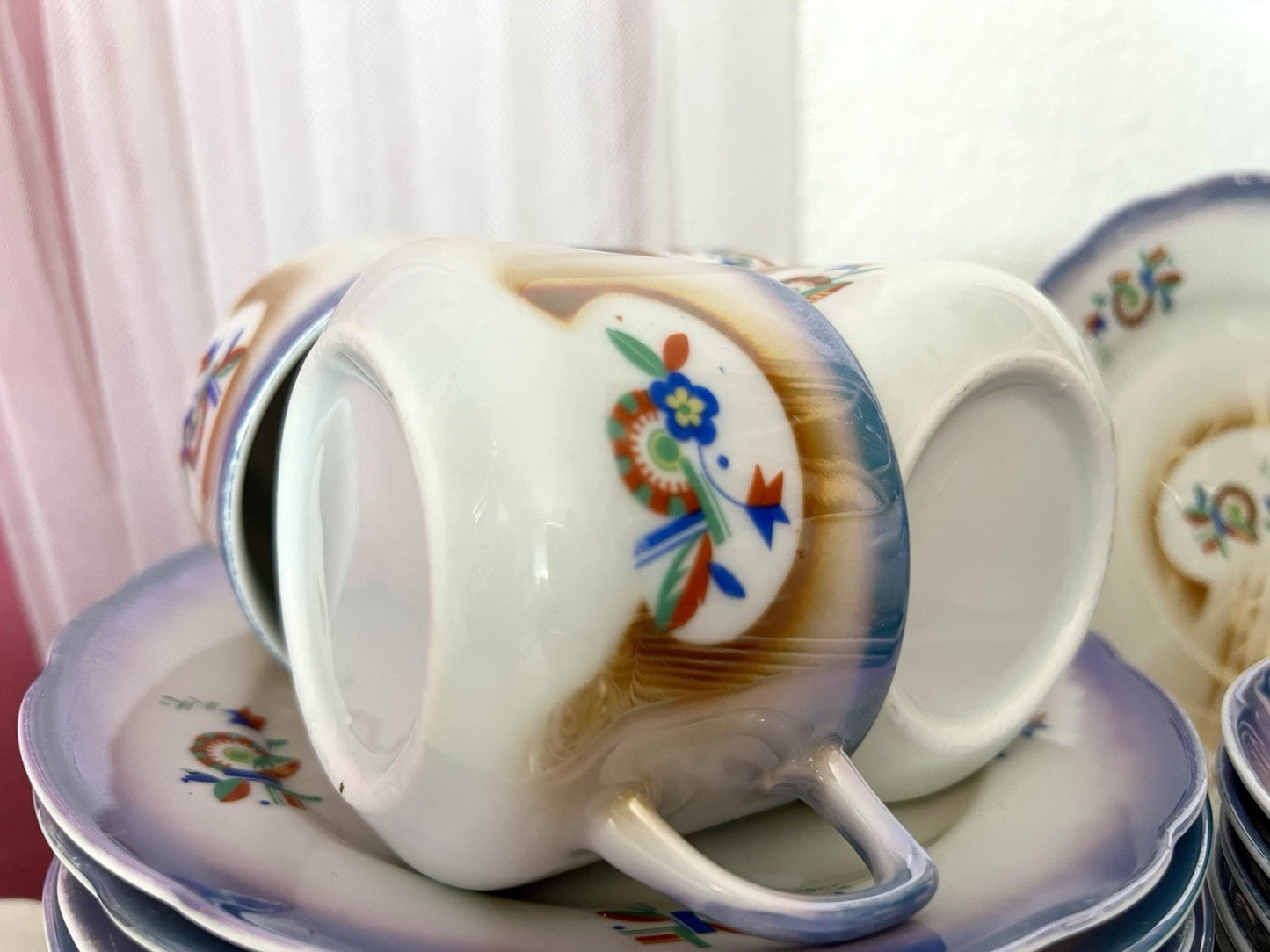 Antik Art Déco Porzellan Kaffeeservice Spritzdekor Teeservice 9 Pers. plus