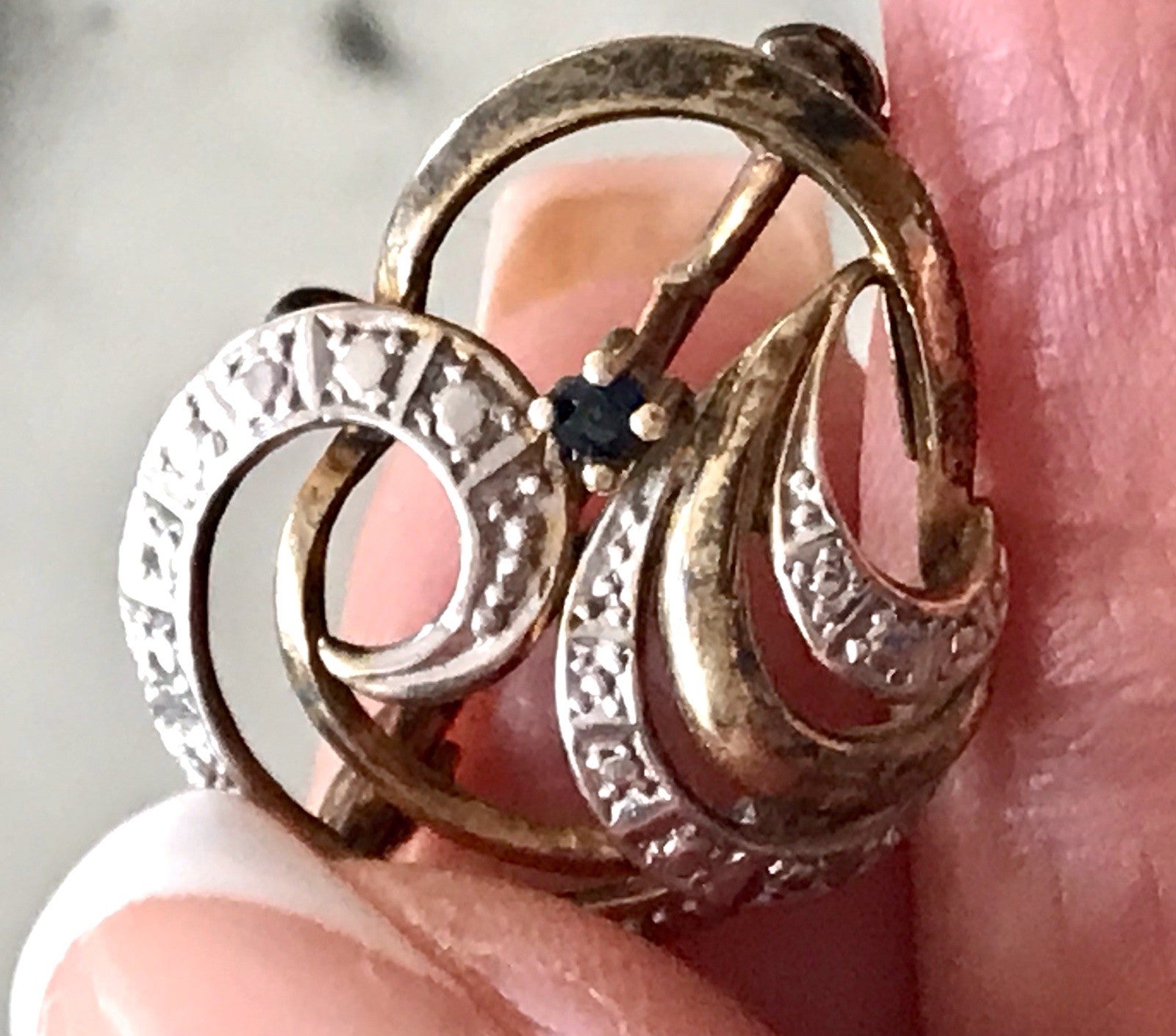 Vintage TeKa Designer Anhänger Brosche Amerik. Doublè vergoldet blauer Stein