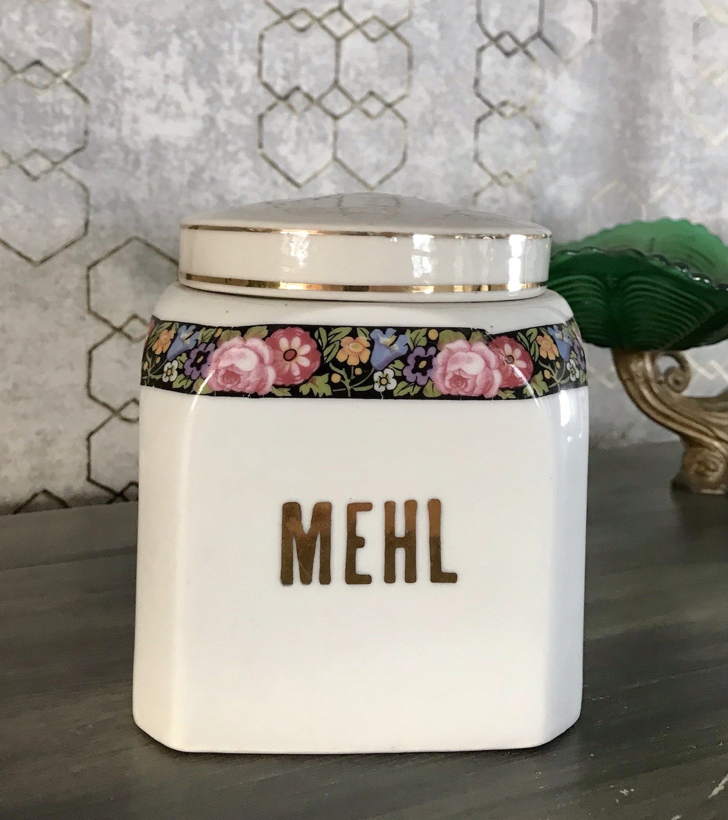 Antik Porzellan Dose Vorratsgefäß Vorratsdose Mehl Blumenborte Art Déco