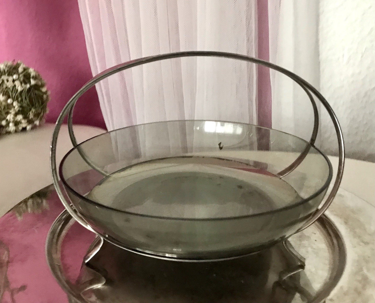 WMF ? Vintage Schale versilbert 50er 60er Mid Century Rauchglas Einsatz MCM