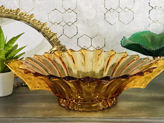 Antik Art Déco gelb Pressglas Schale Glas Brockwitz Prismen Fruchtschale 1941