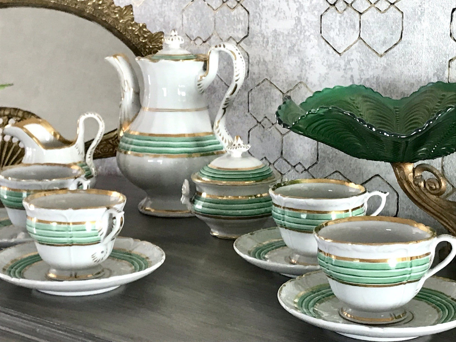 Antik Historismus Porzellan Kaffeeservice Mokkaservice weiß grün Schumann Moabit