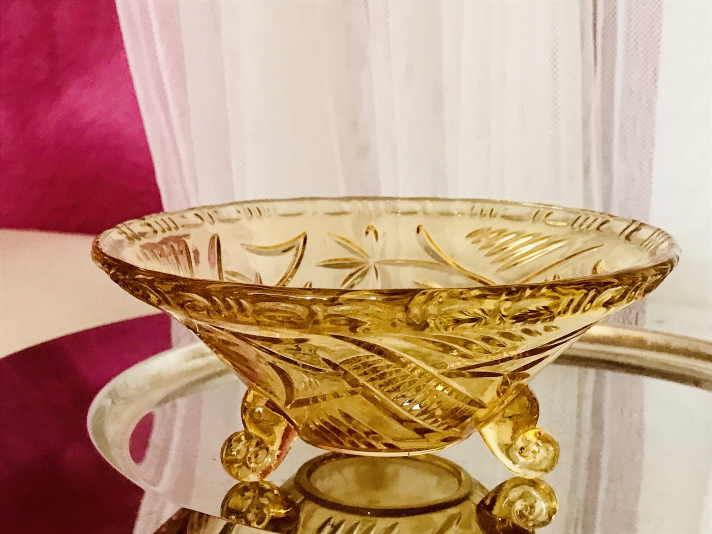 Antik gelb Art Déco Schale Pressglas Glasschale 3füßig So Schön!